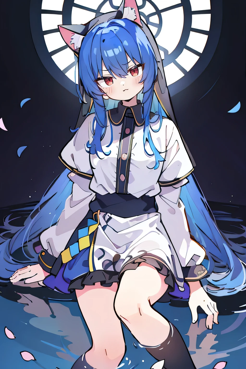 (masterpiece:1.2),Extremely detailed,Practical,expressive eyes,Fair skin,Perfect face shaping,1 Girl,
Japanese cartoons,Gorgeous blue hair, the long flowing blue hair,Floating clothes,Cat ears,Petals fall,beautiful lola,Young Angel,
Place your hands on your waist,sit elegantly on the ground,Cross your legs,Gentle and peaceful background,stately church,nun,lie on the water,Blackening,A look of disdain.