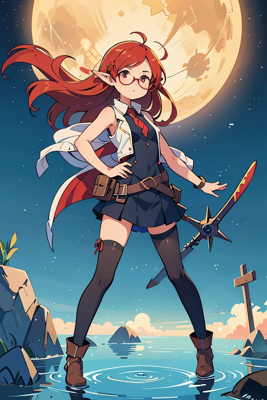 Beautiful whole body,Black-rimmed glasses,Create an anime-style illustration of a girl with an engineering motif. She should have striking red hair, exuding intelligence and creativity, and elven features such as pointed ears. Her attire should be slightly more revealing yet tasteful and professional, such as a sleeveless fitted jacket with a deeper neckline, a short skirt, and perhaps some thigh-high stockings. Ensure the illustration depicts her entire body in a gravity-defying pose, conveying confidence and competence. Include elements like a tool belt or engineering equipment to emphasize the theme. Her expression should be friendly and approachable, inviting visitors to engage with the site. The design should balance professionalism with an appealing aesthetic, reflecting a confident and empowered portrayal.The whole body is depicted so that it fits within the screen.,