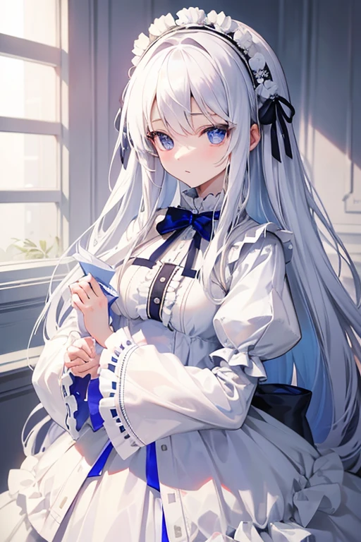 Albino 。 Her eyes are indigo and she is wearing a pure white dress.。 Dressed like a princess。 In his hands he holds a big, very cool, realistic husky dog。 Gothic Lolita、A pure white wedding dress with lots of ribbons and frills