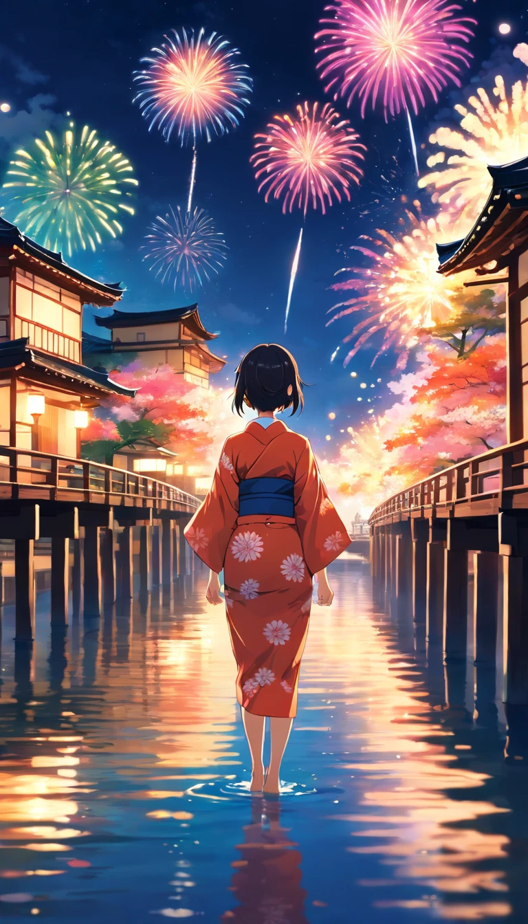 (8k, best quality, masterpiece:1.2),(best quality:1.0), (ultra highres:1.0), A beautiful Japanese summer festival scene featuring a young woman(18years old) in a traditional yukata with floral patterns. She is standing by the water, Standing on the bridge, looking back over her shoulder, with a serene smile on her face. The night sky is illuminated by vibrant, colorful fireworks, reflecting off the water's surface. In the background, traditional Japanese buildings with warm lights add to the festive atmosphere. The overall mood is cheerful and magical, capturing the essence of a summer night filled with joy and celebration.HANABI. Slightly sexier look.