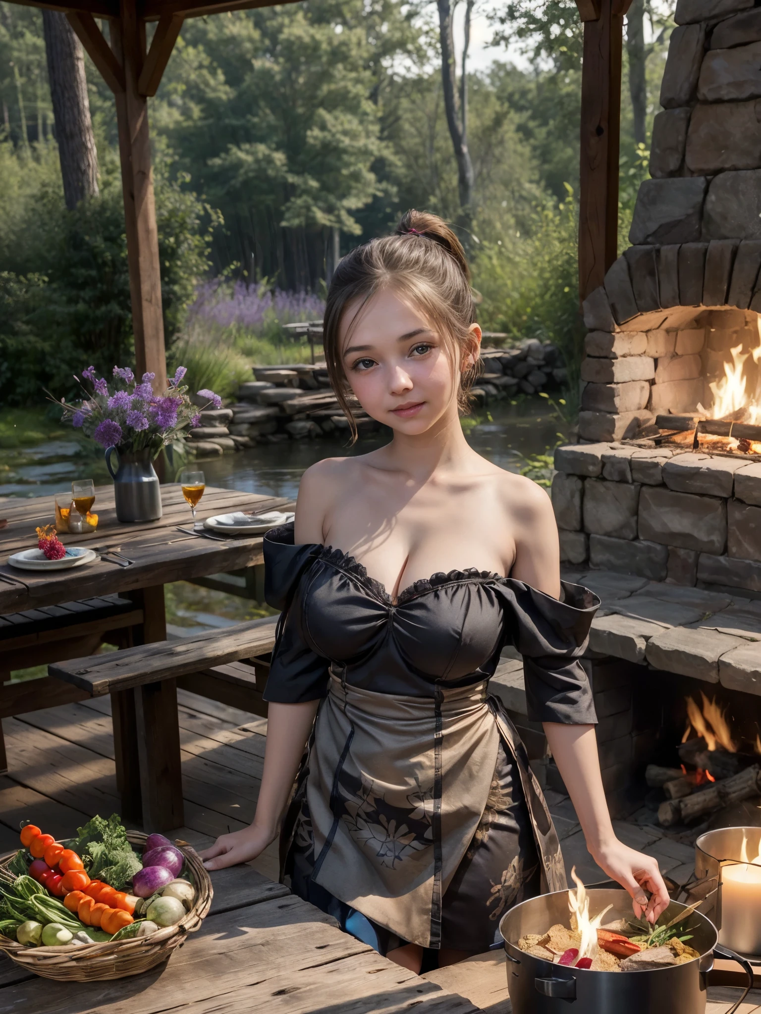 1girl, strapless batik dress, detailed face, looking at viewer, tight short ponytail hair, shoulder, she exudes mesmerizing aura, beautiful outdoor kitchen, food ingredients, vegetables, pillars, fire in the hearth, (medieval fantasy theme:1.2), wild flowers, wooden table, pile of wood, forest, hill, river, lovely picture, ambient effect, (10yo, cute:1.3), (breasts:1.2), 