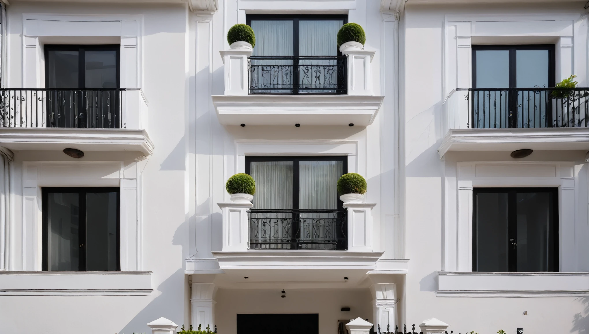 RAW photo,Exterior neo classic house, Inspired by French architecture, neo classic style, black and white, ((Highly detailed sculpted cornices at the tops of columns and walls)), French style roof, townhouse in residential area, The building is located in an urban area of Hanoi Vietnam, mix white and black steel facade, facing the road, (sidewalks), (sidewalk trees), (gate), (ultra realistic), (super high details:1.5), clean white sky, natural lighting, (curvilinear architecture:1.2), (sharpen:1.2), 8k uhd, dslr, soft lighting, high quality, film grain, Fujifilm XT3