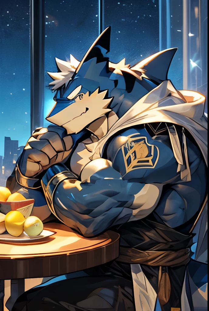 Room Background, table, window, night, Star, night lights, Lemon Jumbo Sand, super hero, hero, tights, Huge muscles, Huge pectoral muscles, Chiseled abdominal muscles, Huge pectoral muscles, Exaggerated huge muscles. A furry hero whose presence inspires trust and respect. (((His hero costume is black and sky-blue.))),anthropology(shark),Black eyes,Delicate eyes,Anime style,For the audience。