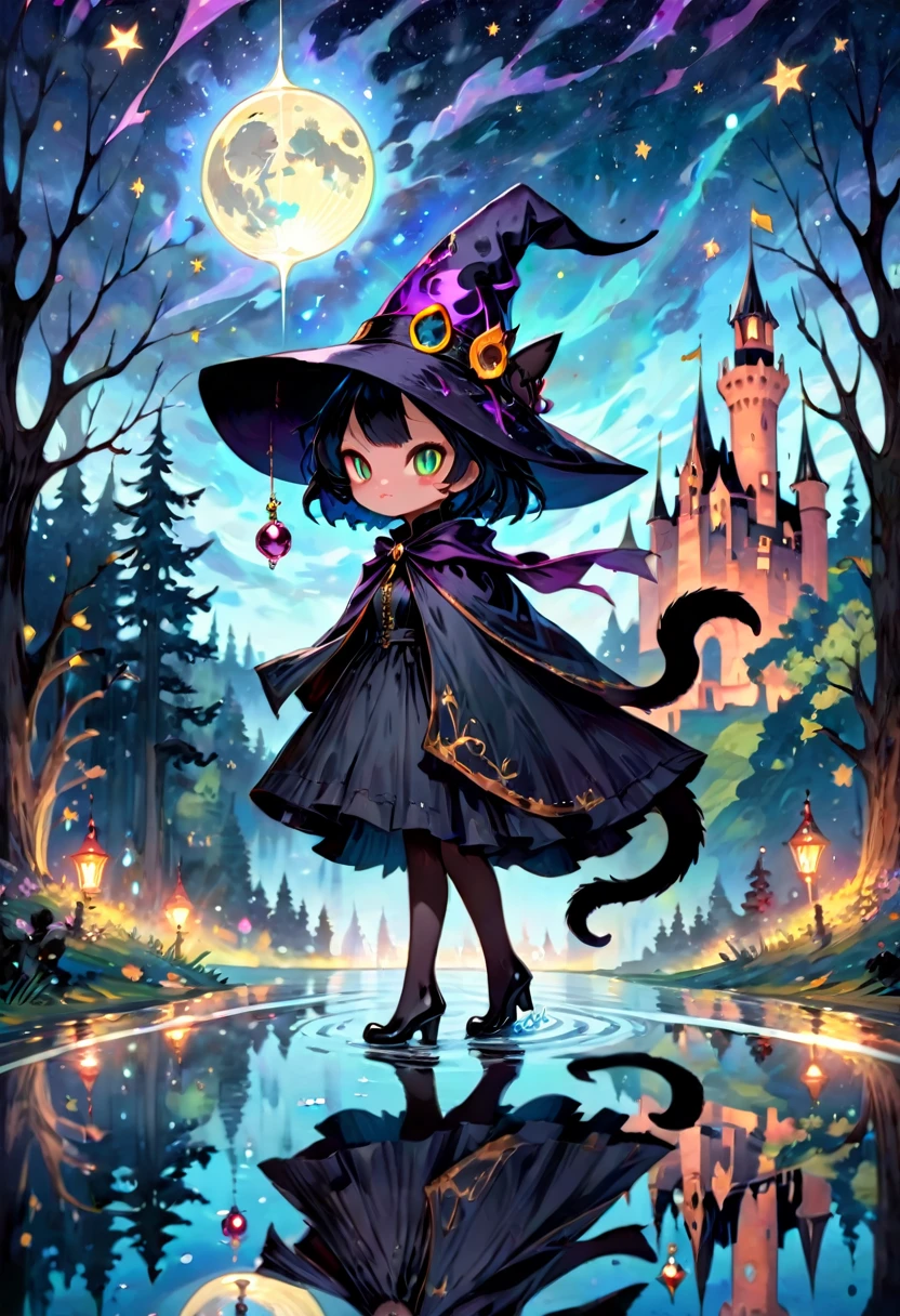 black cat, solo, alone, witch, hat, cloak, black short hair, long tail, jewelry, gems, sparkle effect, ornaments, walking on water, reflected water, castle, tower, forest, night, starry sky, star\(sky\),moon, no human, , masterpiece, best quality, ultra detailed, perfect anatomy, anatomically correct, vibrant color,