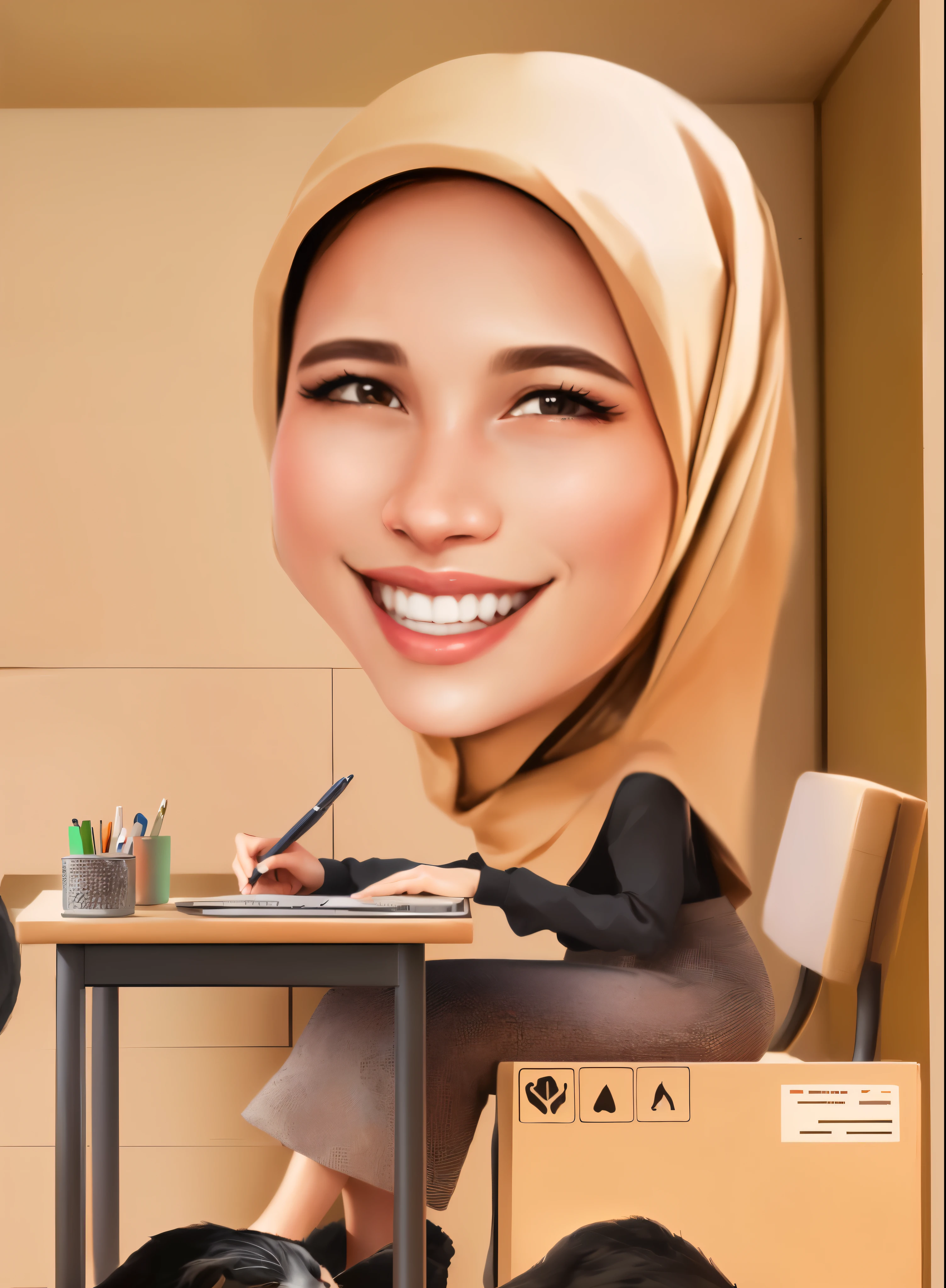 cartoon of a woman sitting at a table with a laptop and a cat,Wearing hijab, caricature illustration, digital art cartoon, cartoon portrait, cartoon digital art, caricature style, in cartoon style, cartoon artstyle, caricature, realistic cartoon, cartoon digital painting, caricature!!!, cartoon art, digital cartoon painting art, realism artstyle, by Abidin Dino, proffesional illustration