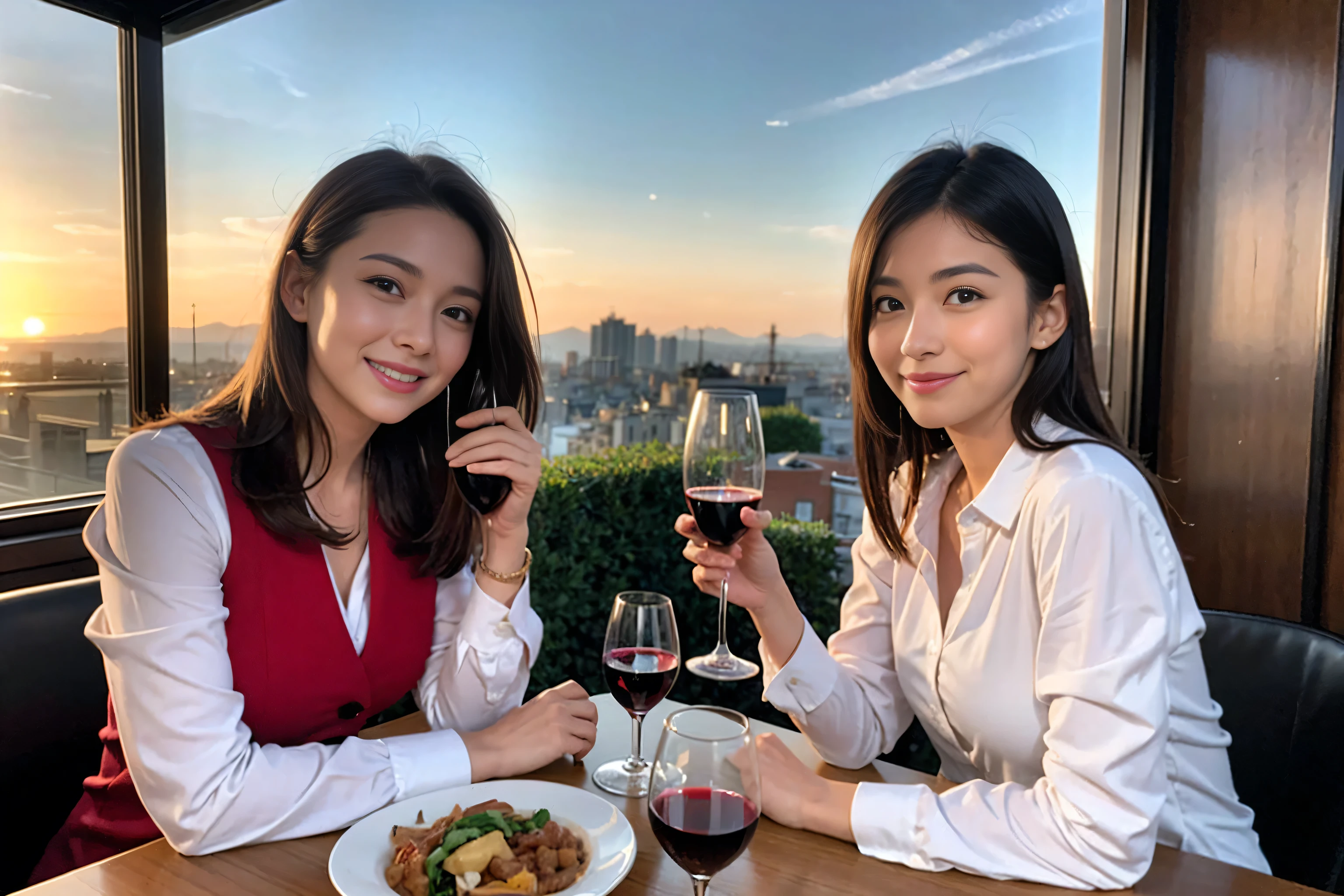 ((highest quality、8k、masterpiece:1.3))、1 male 1 female、Lovers、beautiful couple、Japanese couple、Happy Smile、 (Slim face), (The body is ス??), (Brown Hair), (Shortcuts), ((Bob Hale、Straight hair:1.2)), Wine glass on the table、Please put light on my face、 Amazing view of the sunset sky and clouds、Amazing mountain views、The wonderfulness of smiles、Bright image、Blushing, Shortcuts,Bright Face、 (36 years old), 39 years old, red wine 、Appetizers、Italian food、Wine bottle、Champagne、sparkling wine、Long sleeve shirt、dress、Attractive beauty、restaurant, Nova Frog Style, actress, model, Upper Body, White wine, red wine, wine glass,