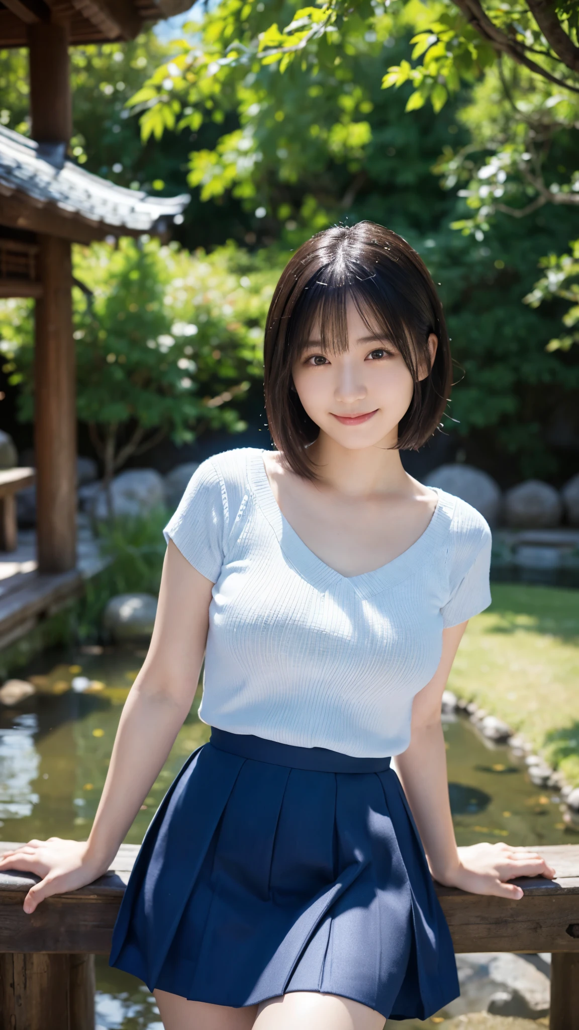 (highest quality,masterpiece:1.3,Ultra-high resolution),(Super detailed,Caustics,8k), (Photorealistic:1.4, RAW shooting),blue sky,Japanese garden,Japanese,20-year-old,smile,Black Hair Middle Hair,(Blue short-sleeved summer knit),Big Breasts,(White Skirt),Waist up shot,Natural light