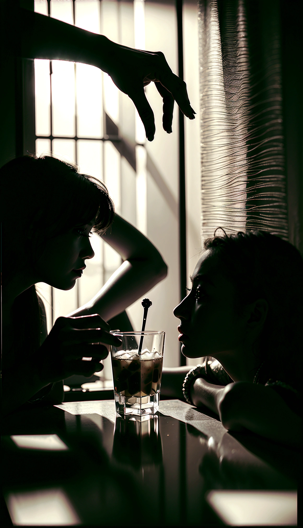 8mm film、Monochrome、Overexposure of negatives、Artistic side shot、Light and shadow、Shadow of a woman hitting the glass、waiting