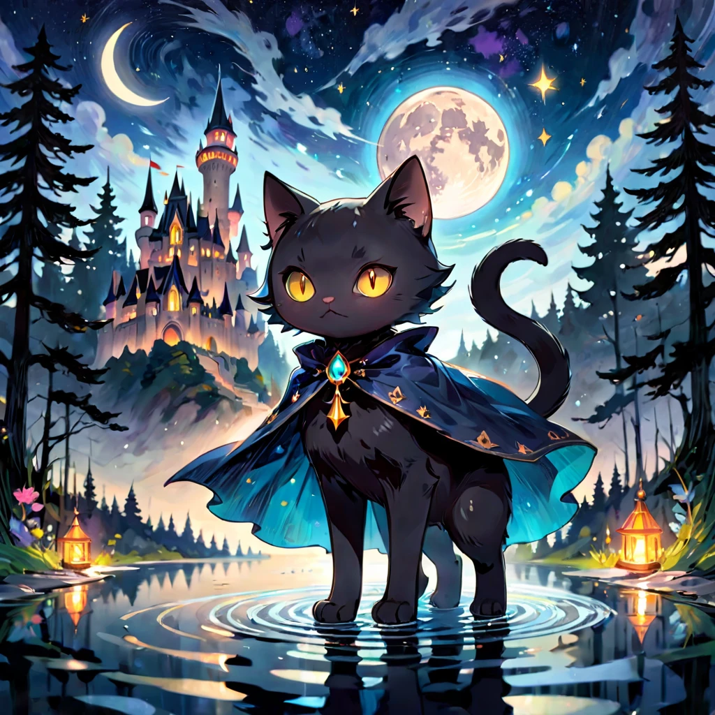 Black cat, alone,  witch, Have, Cape, Black Short Hair, Long Tail, jewelry, gem, Shine effect, Decorations, Walking on Water, Reflective water, castle, Tower, forest, night, starry sky, star\(symbol\),moon, from the front, no human, , masterpiece, highest quality, Super detailed, Perfect Anatomy, Anatomically correct, Bright colors,