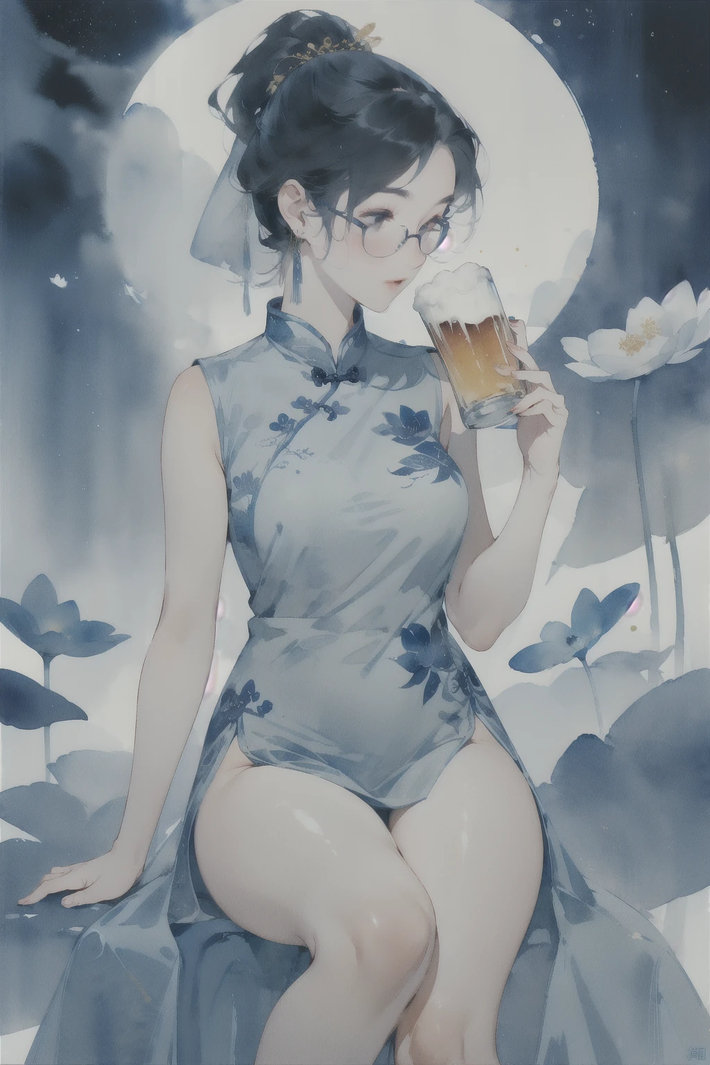 ((highest quality)), ((masterpiece)), ((Transparent watercolor)), (detailed), Perfect Face, ((Mature beautiful woman sitting on a high stool and drinking beer)), black frame glasses, Long pink ponytail fluttering in the wind, ((A sleeveless, thigh-length white Chinese dress with gold embroidery)), Ample breasts and buttocks, ((Healthy thighs visible through the slits of a short Chinese dress)), A space filled with blue light, front, Cowboy Shot
