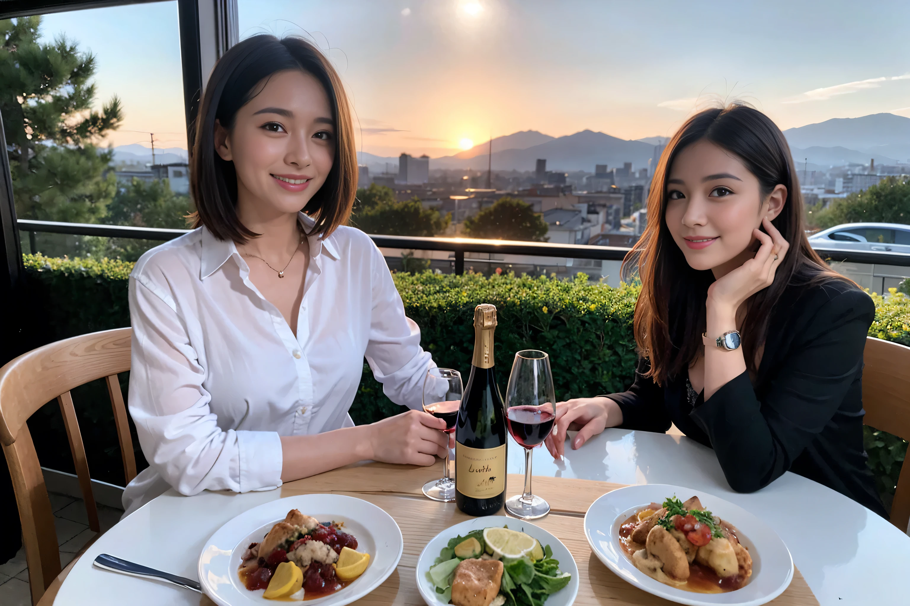 ((highest quality、8k、masterpiece:1.3))、1 male 1 female、Lovers、beautiful couple、Japanese couple、Happy Smile、 (Slim face), (The body is スリム), (Brown Hair), (Shortcuts), ((Bob Hale、Straight hair:1.2)), Wine glass on the table、Please put light on my face、 Amazing view of the sunset sky and clouds、Amazing mountain views、The wonderfulness of smiles、Bright image、Blushing, Shortcuts,Bright Face、 (36 years old), 39 years old, red wine 、Appetizers、Italian food、Wine bottle、Champagne、sparkling wine、Long sleeve shirt、dress、Attractive beauty、restaurant, Nova Frog Style, actress, model, Upper Body, White wine, red wine, wine glass,