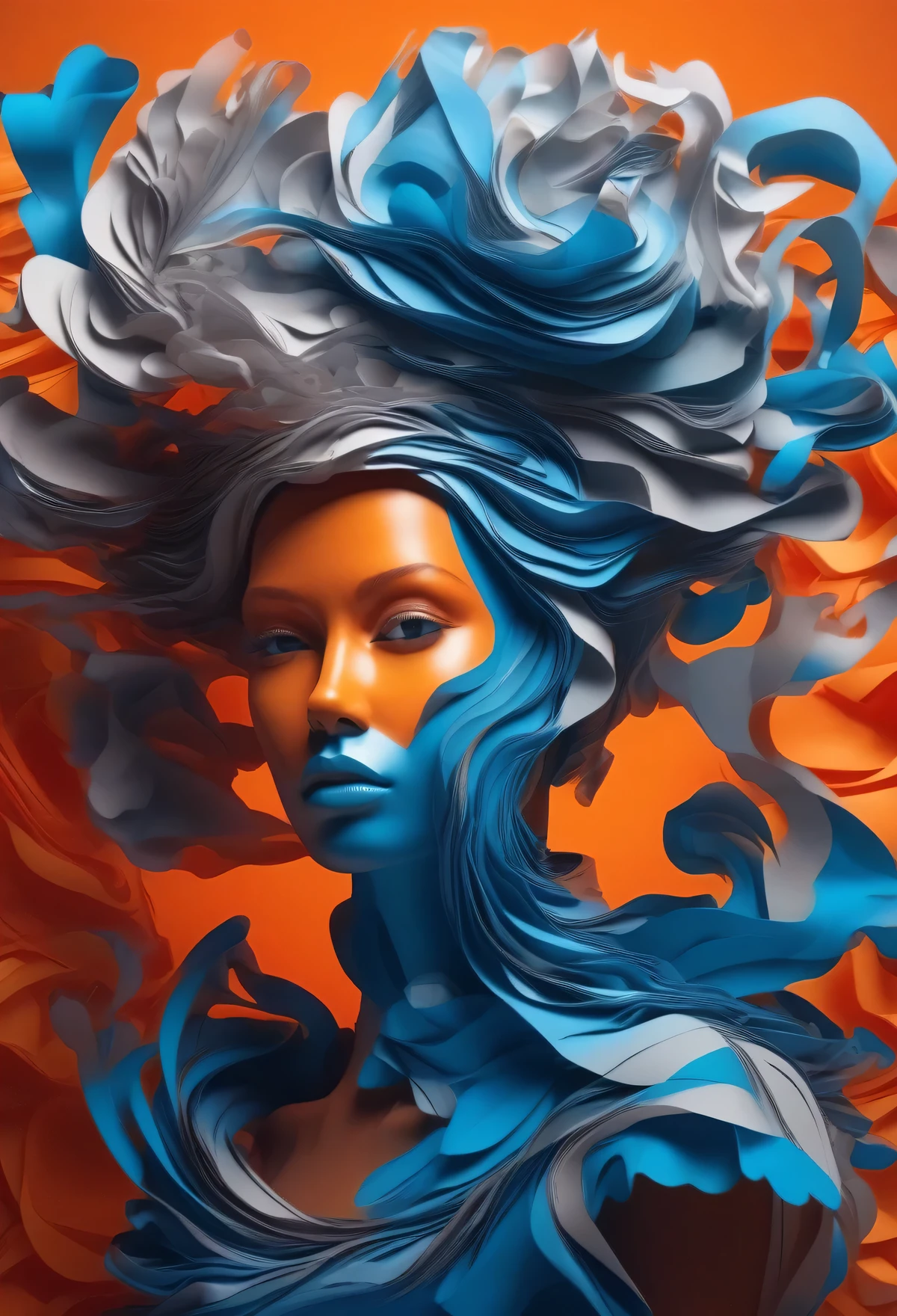 Surreal pictures, visually striking photo art, strange, slightly unsettling, hyper-detailed, 8k, A stunning digital illustration of a person with an elaborate, sculptural hairstyle composed of flowing, layered paper-like elements in shades of blue and gray against a vibrant orange background, in the style of Noe Digital Art.