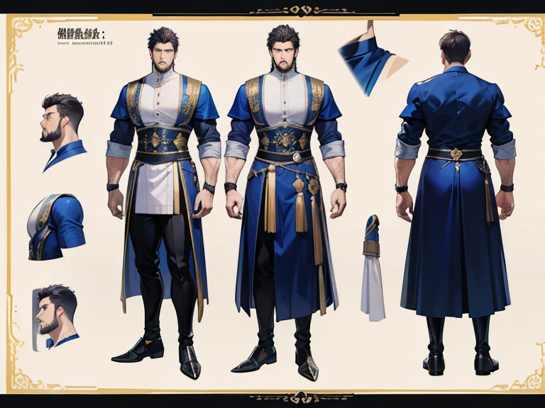 ((masterpiece, highest quality)), male, Detailed face, Character design sheet, Full of details, Front view, Back view, Very detailed, depth, Many parts,Handsome, Muscular body, 背の高いmale、Whole body design、Middle-aged man、Old Warrior