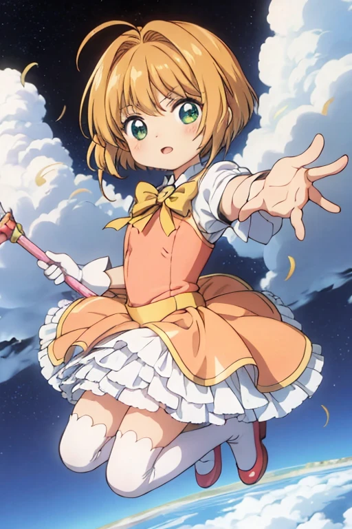 kawaii, anime, Cute,1000 meters above the clouds,A boy cosplaying as a magical girl is hovering in the air,9 ******** boy,Short bob hair,Brown Hair,Dresses with lots of frills,Wearing drawers,Wearing a petticoat,Wearing knee-high socks,Angry expression,Throw the spear,Full body portrait,A dynamic pose,Sparkling,Beautiful background,High-definition background,From the distant ground to the sky、There is a mushroom cloud