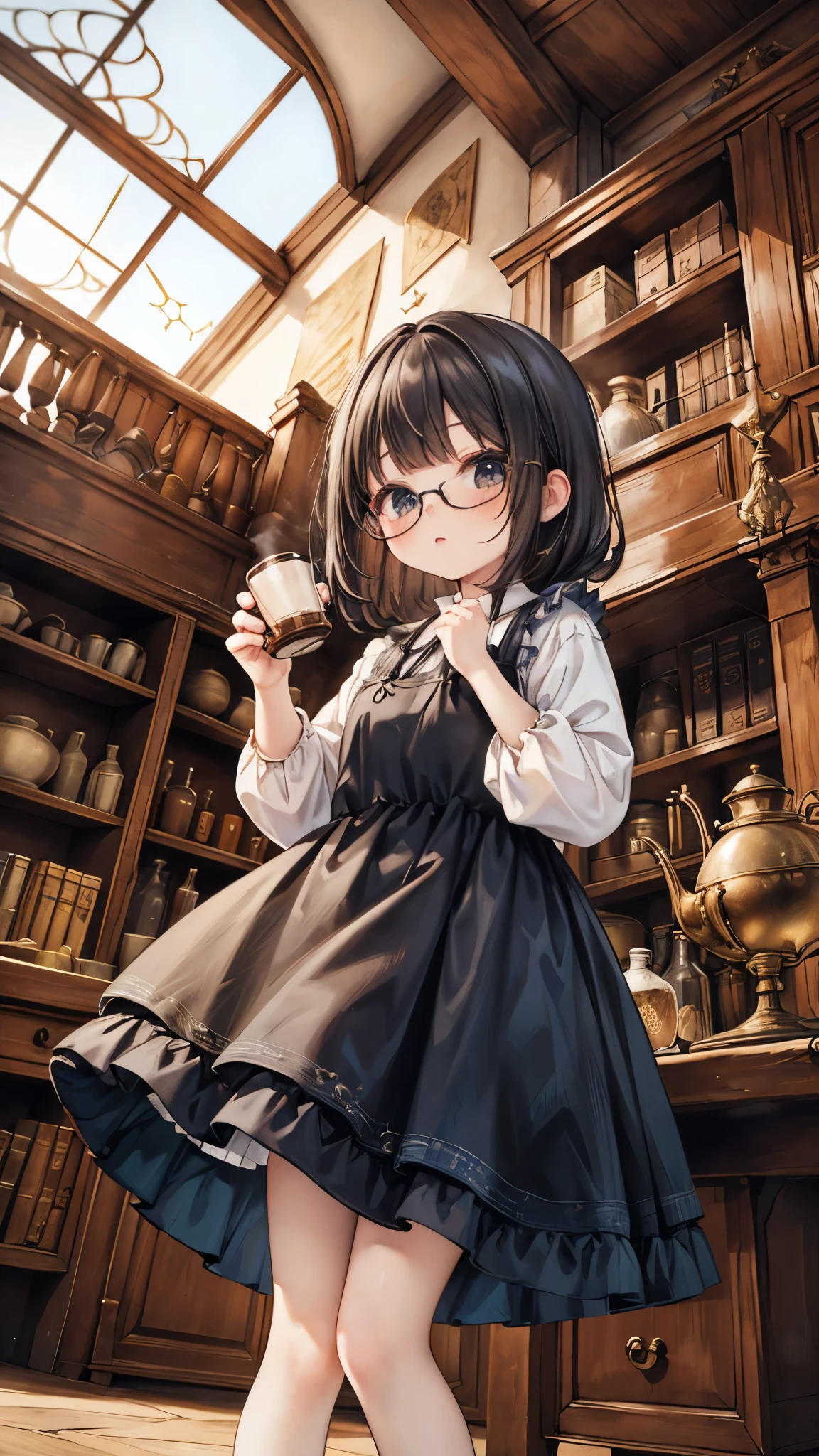 masterpiece, best quality, Very detailed, 16K, Ultra-high resolution, Cowboy shooting, Delicate face, Perfect fingers,  female,  Black eyes, Black Hair, Quick way, Glasses, (Blue Apron Dress:1.2, White shirt:1.2, Flared skirt:1.2, drawers:1.2, Black shoes:1.2), Luxurious Western-style building, library, bookshelf, table, Black tea, cake, from below:1.5