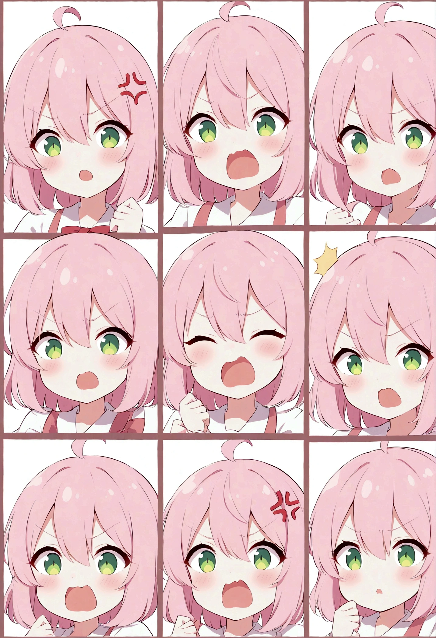 Cute kawaii style anime girl,Pink hair and green eyes cute style,Expressions and movements,Exaggerated movements,hapiness,anger,sad,surprise,hapiness等,Various emotions,White background,Q version,Nine-grid,Nine different expressions
