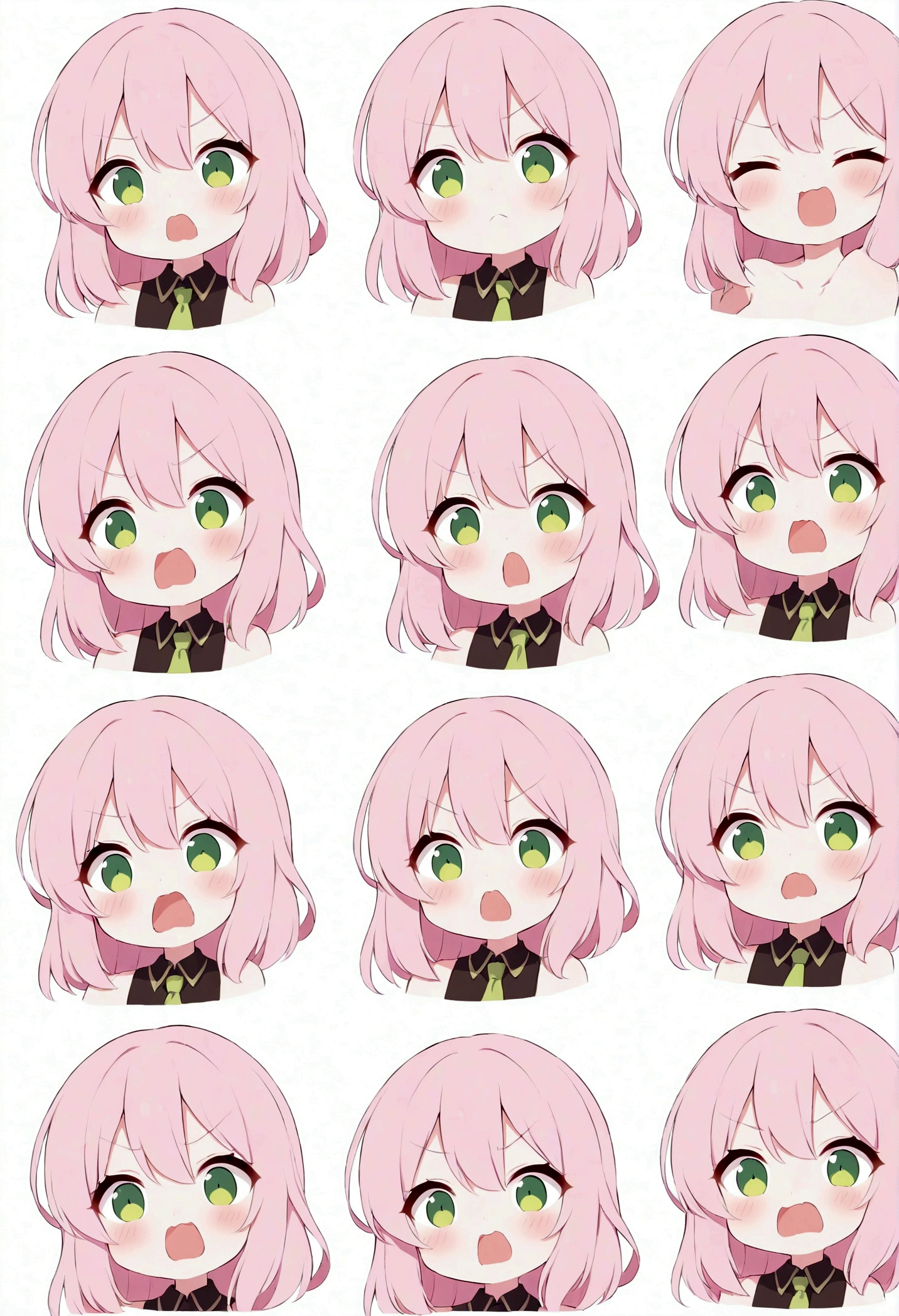 Cute kawaii style anime girl,Pink hair and green eyes cute style,Expressions and movements,Exaggerated movements,hapiness,anger,sad,surprise,hapiness等,Various emotions,White background,Q version,Nine-grid,Nine different expressions