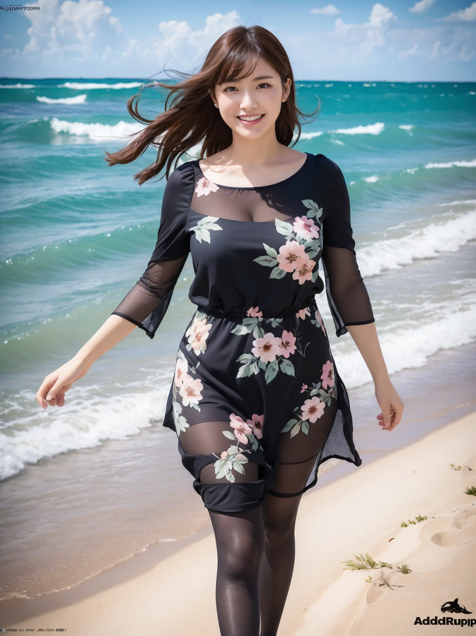 8k, highest quality, masterpiece, Realistic, Very detailed, photograph, High resolution, RAWphotograph, High resolution, Absurd, Cinematic Light, Official Art, High resolution, Written boundary depth,
Photograph the whole body,Plump body, cute顔, smile, Beautiful details in the eyes, 29-year-old,Japanese, cute, Brown messy hair,dress, Beach, (Wind:1.8), Floral print,Ultra-realistic pantyhose:1.4, (((That's a big jump)))