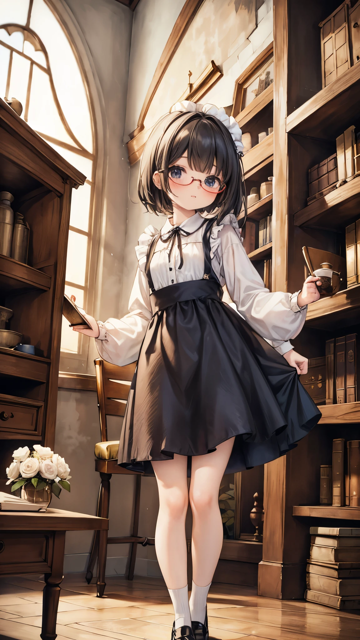 masterpiece, best quality, Very detailed, 16K, Ultra-high resolution, Cowboy shooting, Delicate face, Perfect fingers,  female,  Black eyes, Black Hair, Quick way, Glasses, (Blue Apron Dress:1.2, White shirt:1.2, Flared skirt:1.2, drawers:1.2, Black shoes:1.2), Luxurious Western-style building, library, bookshelf, table, Black tea, cake, from below:1.5