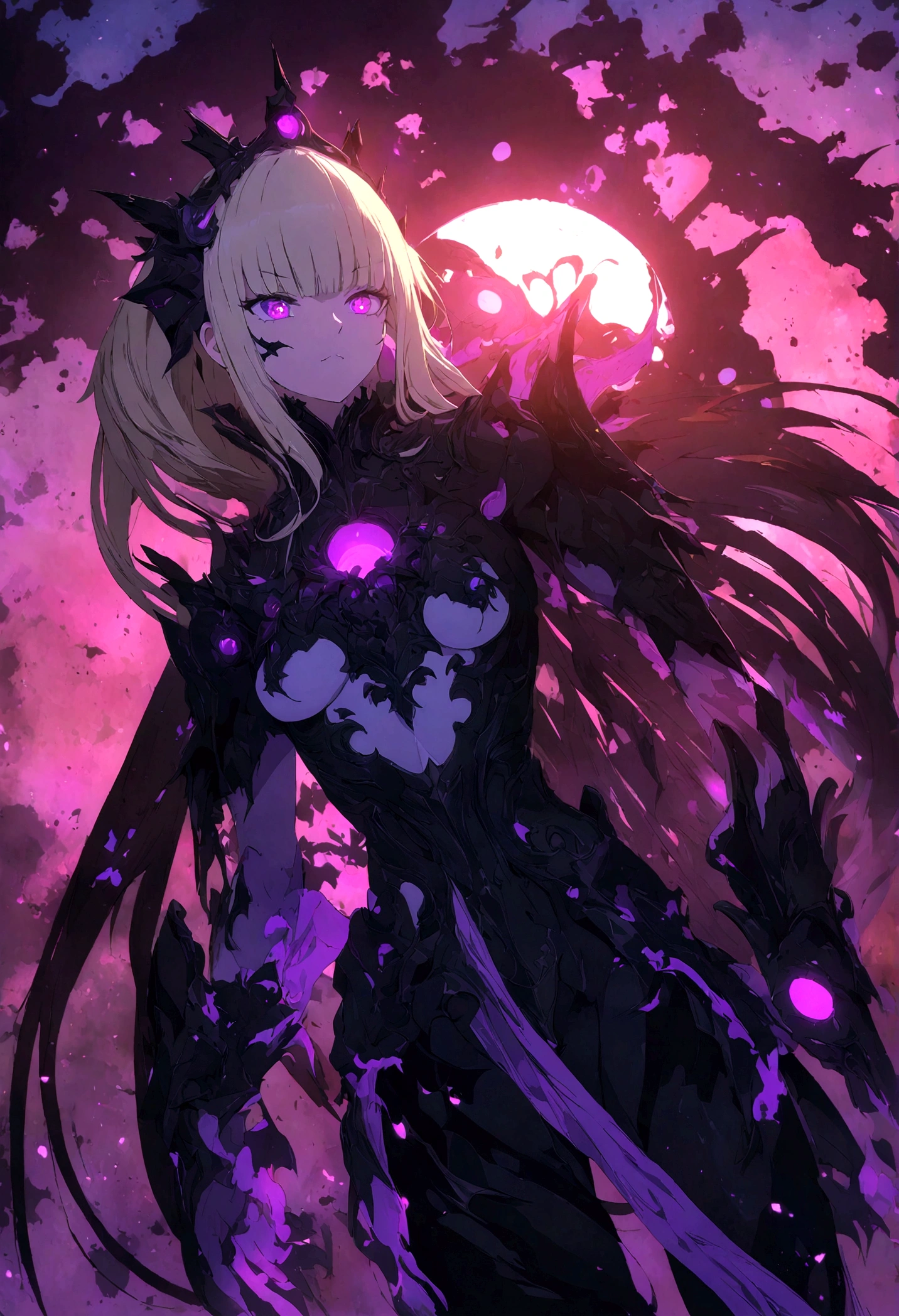 , girl in black japanese , badass anime 8k, anime art wallpaper 4k, anime art wallpaper 4k, fantasy anime artwork 2.5 d cgi, art wallpaper 8k anime, digital detailed anime art, beautiful fantasy anime, epic anime artwork, 4k anime wallpaper, detailed anime artwork, sexy, sexy, woman, anime style, best quality, extremely detailed, best shadows), (detailed background, dark fantasy), (beautiful detailed faces), high contrast, (best lighting, extremely delicate and beautiful), ((cinematic lighting)), colorful, super detailed, dramatic lighting, intricate details, (1 girl, solo, sharp face, . Blonde, super long hair , thin bangs, long eyelashes, dynamic angle), blood splatter, black light swirling around character, depth of field, black light particles, (broken glasagic circle
