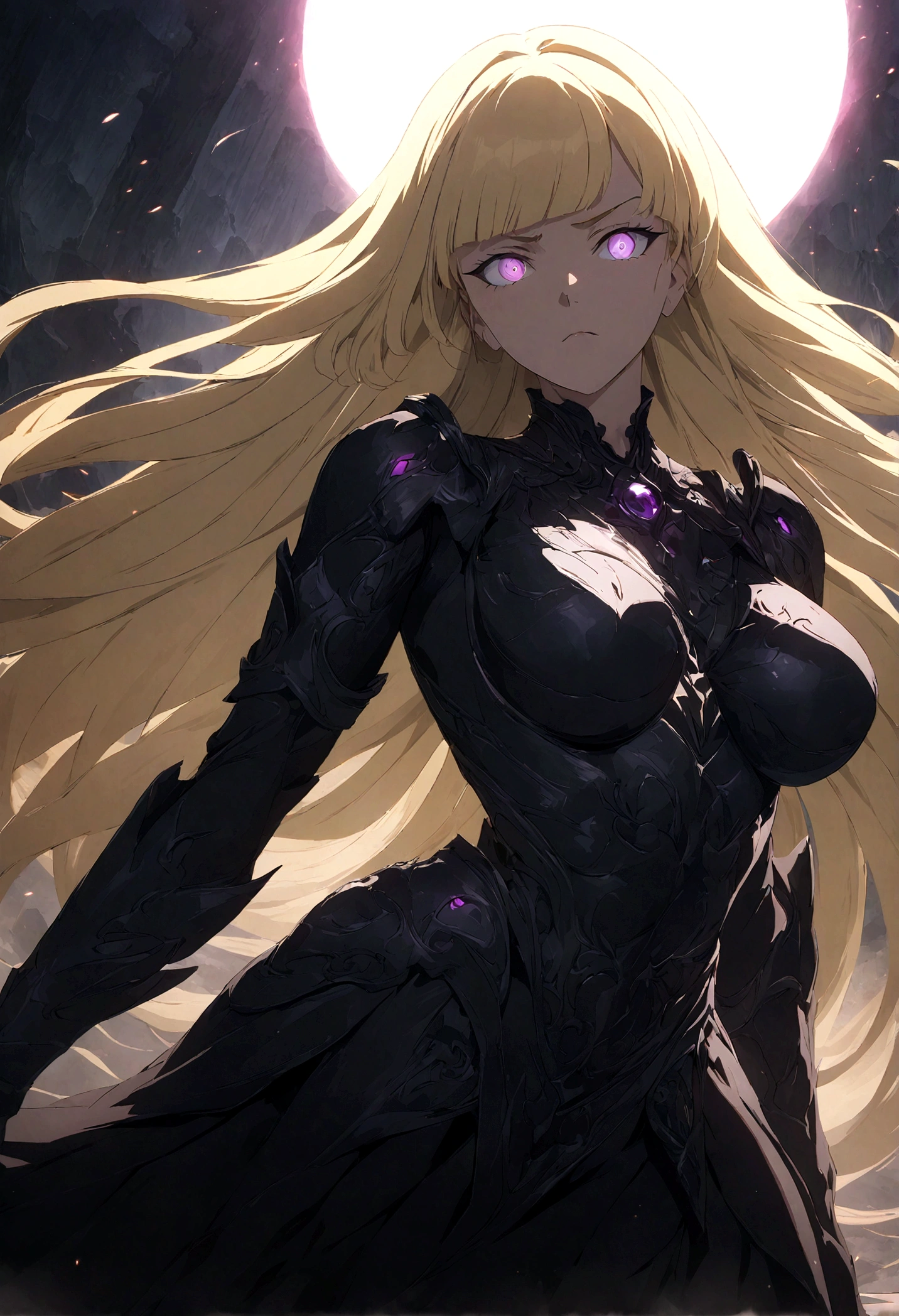 , girl in black japanese , badass anime 8k, anime art wallpaper 4k, anime art wallpaper 4k, fantasy anime artwork 2.5 d cgi, art wallpaper 8k anime, digital detailed anime art, beautiful fantasy anime, epic anime artwork, 4k anime wallpaper, detailed anime artwork, sexy, sexy, woman, anime style, best quality, extremely detailed, best shadows), (detailed background, dark fantasy), (beautiful detailed faces), high contrast, (best lighting, extremely delicate and beautiful), ((cinematic lighting)), colorful, super detailed, dramatic lighting, intricate details, (1 girl, solo, sharp face, . Blonde, super long hair , thin bangs, long eyelashes, dynamic angle), blood splatter, black light swirling around character, depth of field, black light particles, (broken glasagic circle