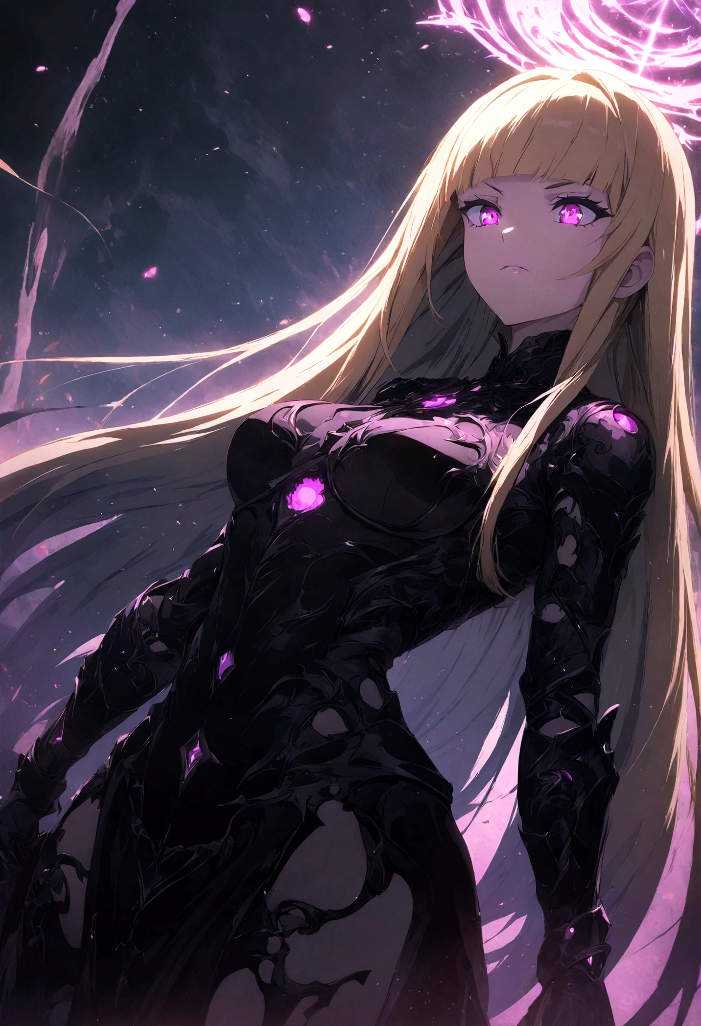 , girl in black japanese , badass anime 8k, anime art wallpaper 4k, anime art wallpaper 4k, fantasy anime artwork 2.5 d cgi, art wallpaper 8k anime, digital detailed anime art, beautiful fantasy anime, epic anime artwork, 4k anime wallpaper, detailed anime artwork, sexy, sexy, woman, anime style, best quality, extremely detailed, best shadows), (detailed background, dark fantasy), (beautiful detailed faces), high contrast, (best lighting, extremely delicate and beautiful), ((cinematic lighting)), colorful, super detailed, dramatic lighting, intricate details, (1 girl, solo, sharp face, . Blonde, super long hair , thin bangs, long eyelashes, dynamic angle), blood splatter, black light swirling around character, depth of field, black light particles, (broken glasagic circle