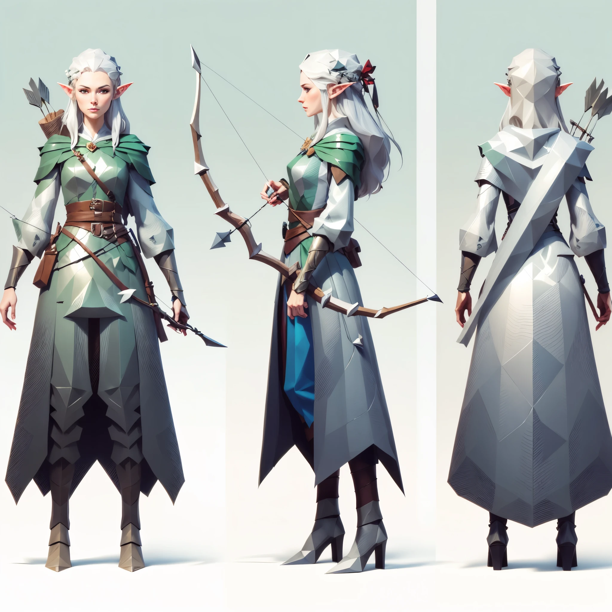 (masterpiece:1.1),(highest quality:1.1),(HDR:1), a close up of three different poses of a woman with bows and arrows, female forest archer, rpg concept art character, fantasy d&d character, rpg character concept art, rpg character art, d & d fantasy character, female elf, rpg character, dnd character design concept art, character design from d & d, fantasy character design, d & d character design, low poly style, low polygon, ((low polygonal)), ((organic shapes and lines)) , Danish design,