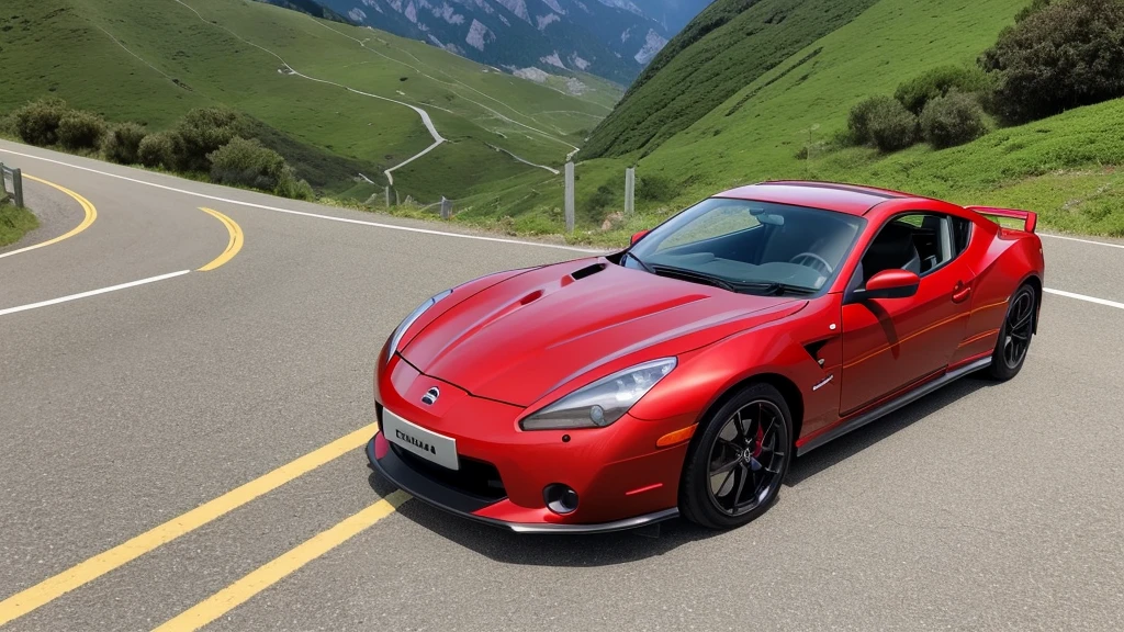 Resolution 160 busty brunette standing super tall、Uma qualidade de imagem ultra-alta、8K、Detalhes detalhados、wonderful expression、summer volleyball、lindo verde fresco、A bright red sports car is parked on a mountain road built along the mountain...、Com mulheres bonitas.....、Nissan SR311 Sports Coupe