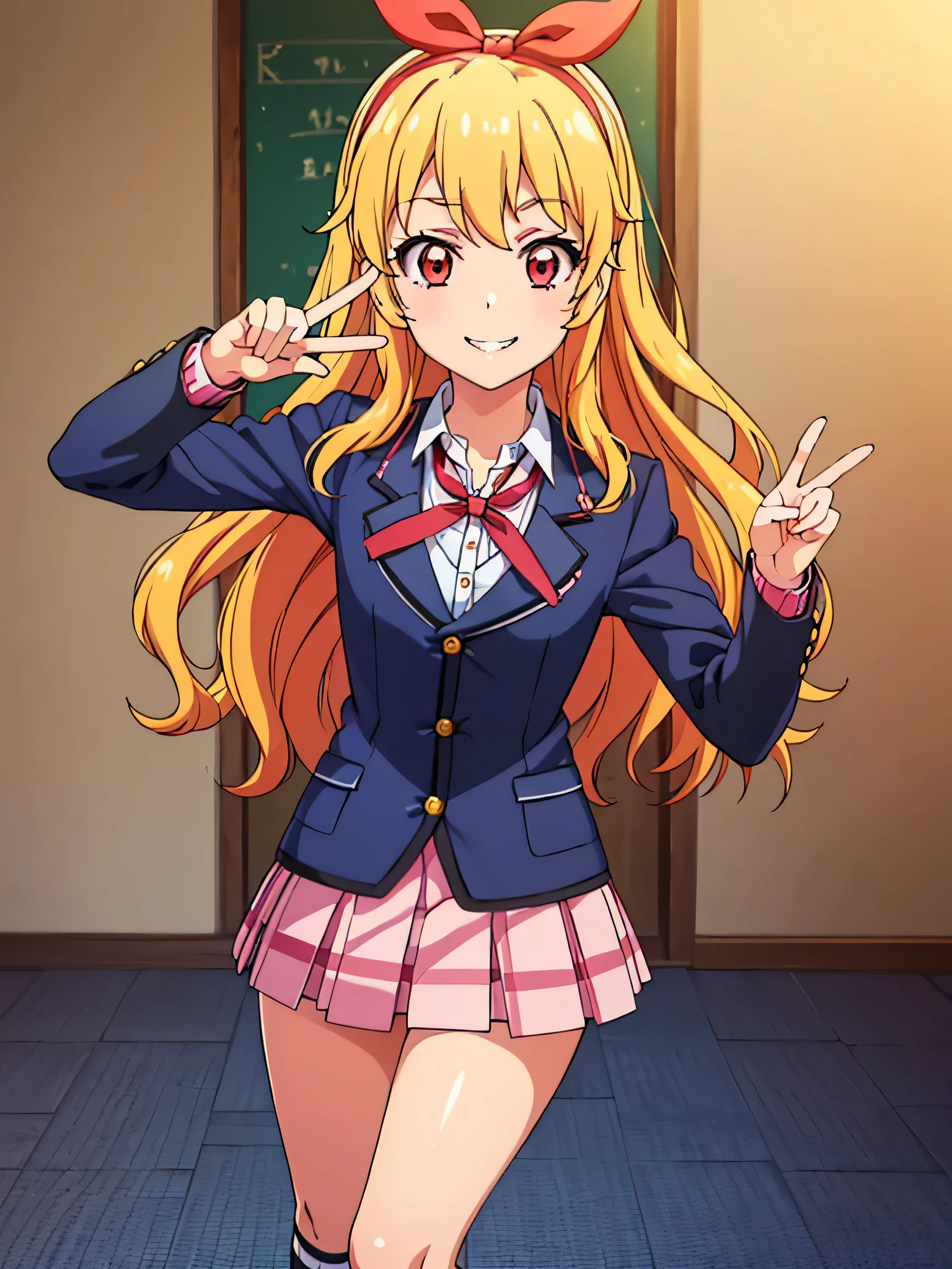 (masterpiece, best quality, highly detailed, ultra detailed, high resolution, absurdres, 4K, 8K:1.2), (official art, incredibly fine illustration, extremely detailed CG, detailed background, cinematic lighting, dynamic angle, perfect hands, detailed shiny skin, detailed hair, detailed eyes)(extremely awesome detailed pretty face,beauty face)(extremely detailed)(Three-dimensional depiction)
BREAK,1girl,iroha isshiki, RED_HAIR_band,
aikatsu,hosimiya ichigo, Blonde hair, red eyes, smile, grin, peace sign,
skirt, shirt, ribbon, , jacket, white shirt, open clothes, socks, open jacket, black jacket, plaid, kneehighs, plaid skirt, blazer, cardigan, black socks, pink cardigan, sobu high ,
indoors, classroom, hallway,
looking at viewer, dutch angle, cowboy shot,