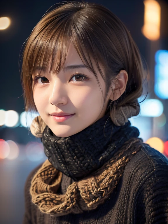 1 Japanese girl,(Black sweater:1.4),(She has a knitted snood around her neck to cover her chin.............:1.5), (RAW Photos, highest quality), (Realistic, Photorealistic:1.4), Tabletop, Very delicate and beautiful, Very detailed, 8k wallpaper, wonderful, In detail, Very detailedなCG Unity, High resolution, Soft Light, Beautiful Details 19 years old, Very detailedな目と顔, Beautifully detailed nose, Beautiful fine details,Cinema Lighting,City lights at night,Perfect Anatomy,Slender body,smile (My hair is messy, Asymmetrical bangs, Light brown hair,)