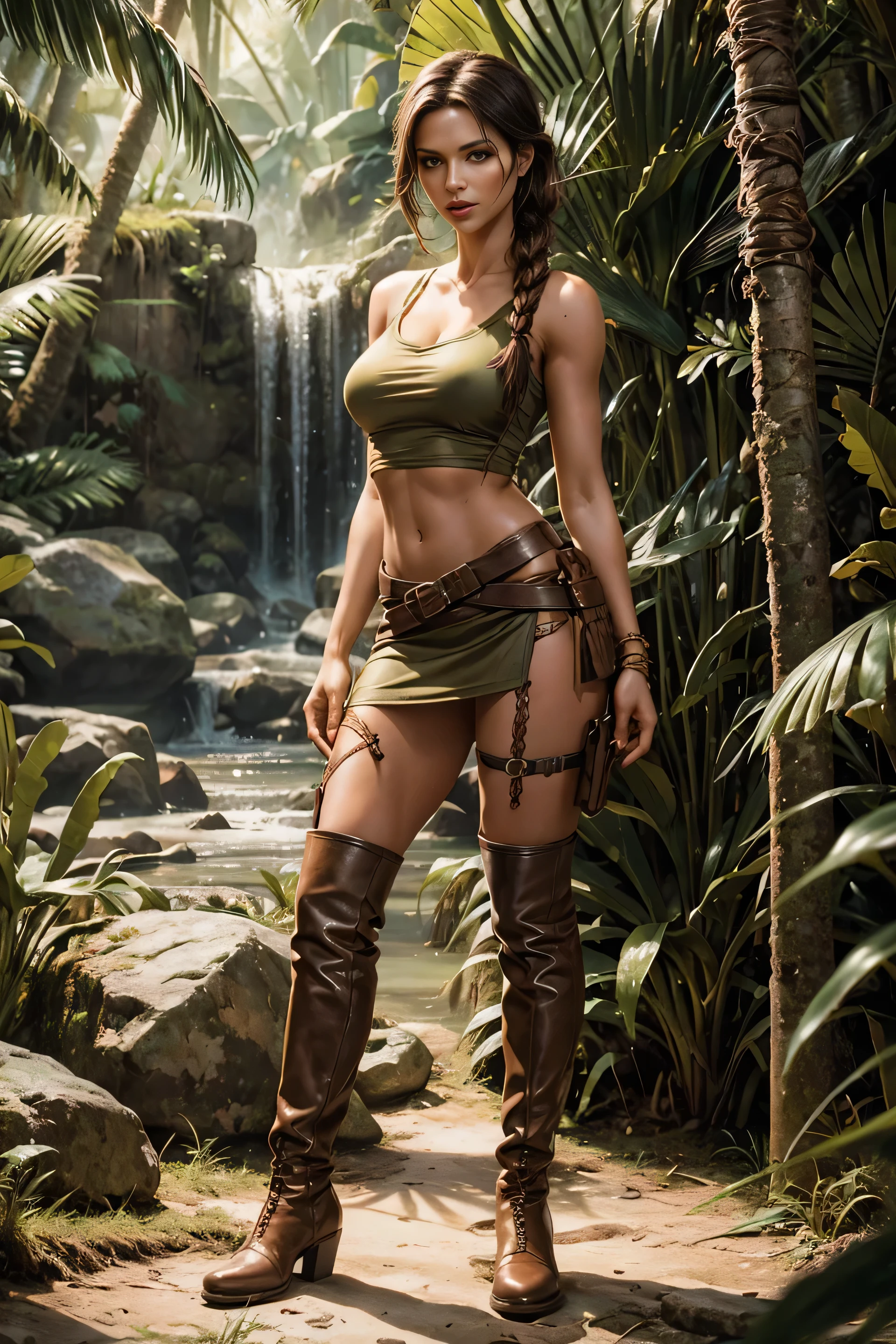 masterpiece, best quality, expressive eyes, perfect face, looking at viewer, extremely large breast, big breast, small waist, perfect figure, highly detailed, showing cleavage, brown eyes, brown hair, one pony tail, bangs, dressed in tiny black panties, large thick brown leather gun belt with holsters.in a jungle waterfall pool., mid section exposed, thigh length black boots.