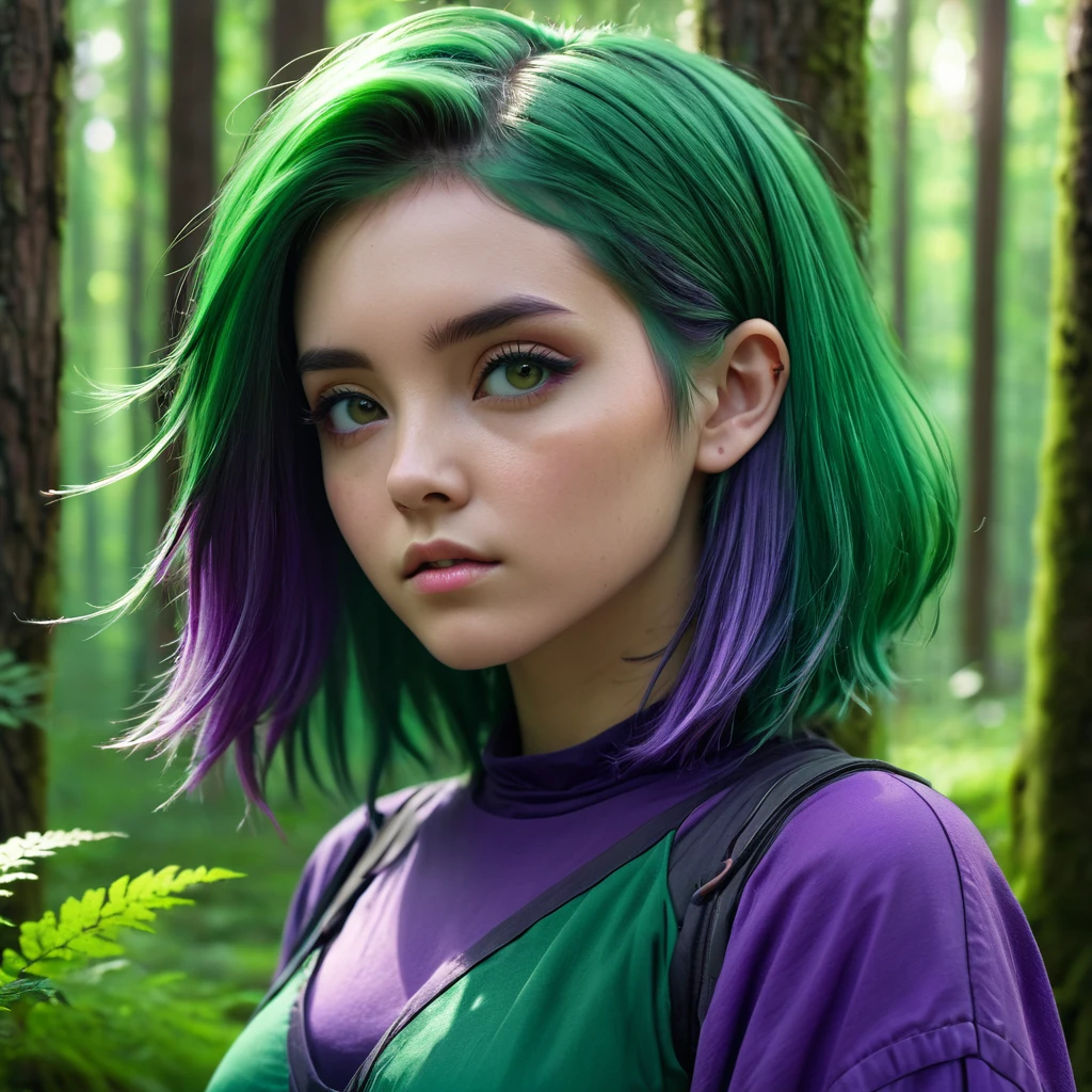 Rath 867, 1 Girl, Solitary, (forest green hair:1.2), Asymmetrical hairstyle, (Purple clothes:1.2) masterpiece, best quality, photoPractical, Practical, (RAW photos, 8K Ultra HD, Film Grain), Caustic lines, Subsurface scattering