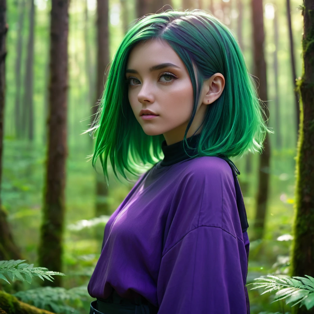 Rath 867, 1 Girl, Solitary, (forest green hair:1.2), Asymmetrical hairstyle, (Purple clothes:1.2) masterpiece, best quality, photoPractical, Practical, (RAW photos, 8K Ultra HD, Film Grain), Caustic lines, Subsurface scattering 