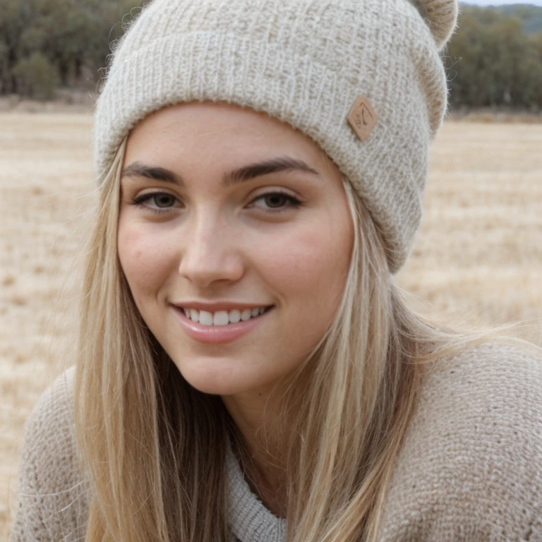 A 23-year-old blonde woman, ((pechos grandes)), ((hiperrealismo)) , ((fullbody)). blonde hair with light brown roots. cabello rubio, Hair with brown roots, cabello extra largo, cabello muy largo, Cabello muy largo, hermoso, perfil, Foto tomada con iPhone 15 pro, con fondo invernal, HD, ojos verdes, labios carnosos, profundidad de campo, sonriendo, dientes blancos i perfectos, gorro de lana color blanco, grey sweater, vaqueros azules, en la cocina