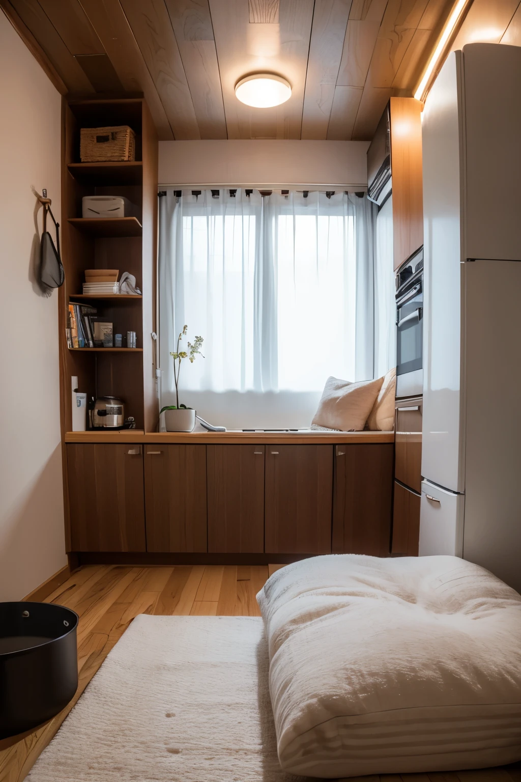 Small room with bed，Warm wall，There were pillows and blankets,shelf,kitchen,frying pan,Dim Lights,Futuristic,Gorgeous,detail,Ultra HD 4K，Camera Position，