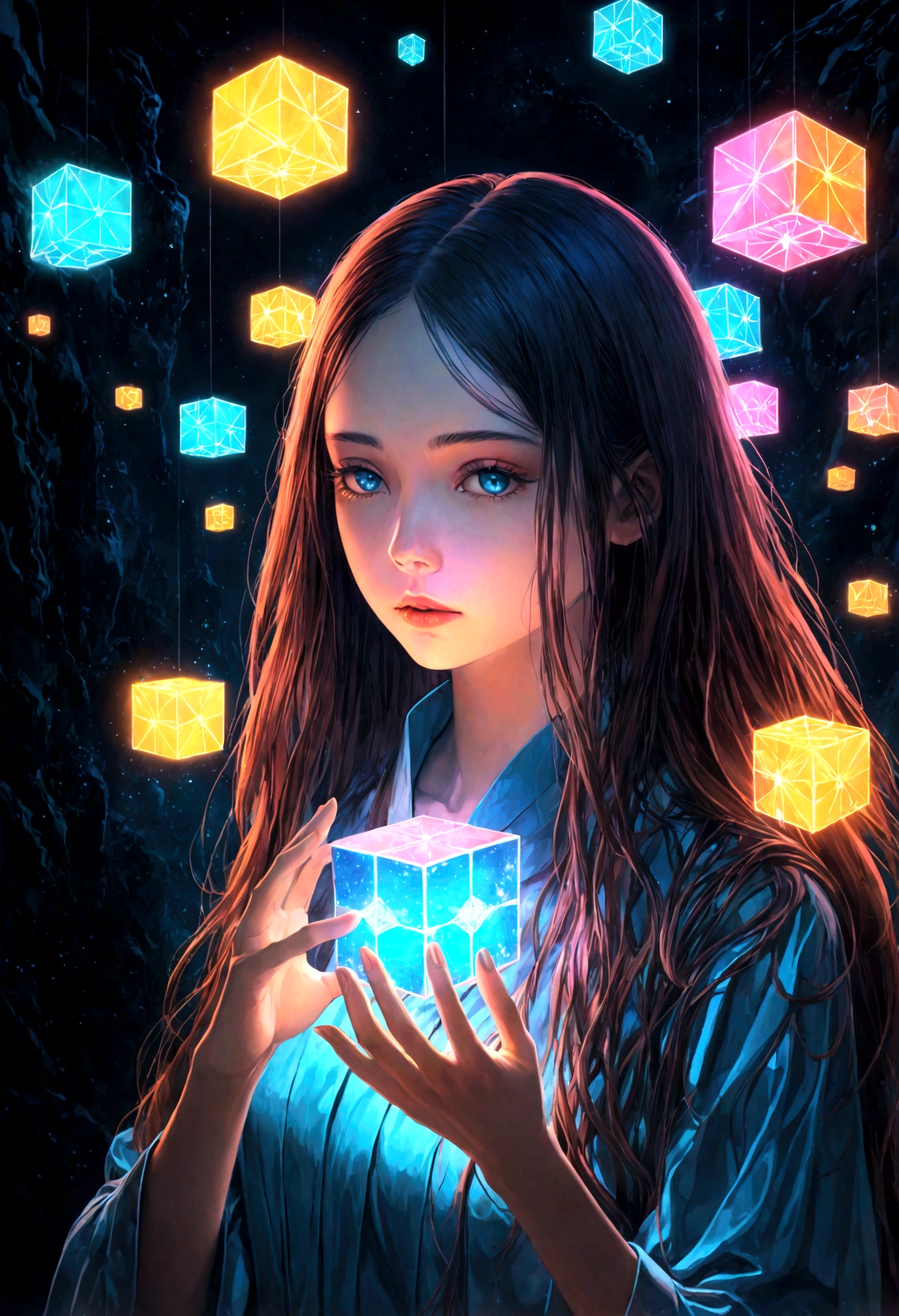 Beautiful young woman, Glowing Kanji Cube, floating, Detailed face, Long Hair, Delicate hands, Calm expression, Surreal, Digital Art, 8k, Surreal, Cinema Lighting, Dramatic colors, Brilliant neon, Mysterious, Mysterious, Futuristic, Very detailed, Realistic