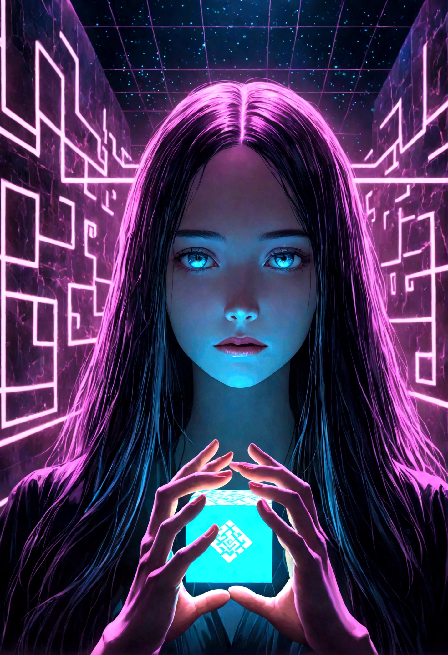 Beautiful young woman, Glowing Kanji Cube, floating, Detailed face, Long Hair, Delicate hands, Calm expression, Surreal, Digital Art, 8k, Surreal, Cinema Lighting, Dramatic colors, Brilliant neon, Mysterious, Mysterious, Futuristic, Very detailed, Realistic