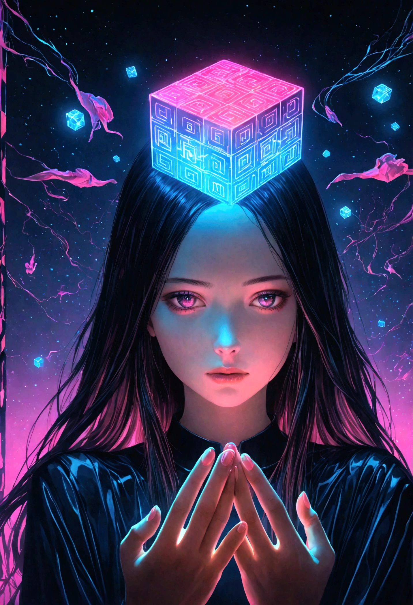 Beautiful young woman, Glowing Kanji Cube, floating, Detailed face, Long Hair, Delicate hands, Calm expression, Surreal, Digital Art, 8k, Surreal, Cinema Lighting, Dramatic colors, Brilliant neon, Mysterious, Mysterious, Futuristic, Very detailed, Realistic