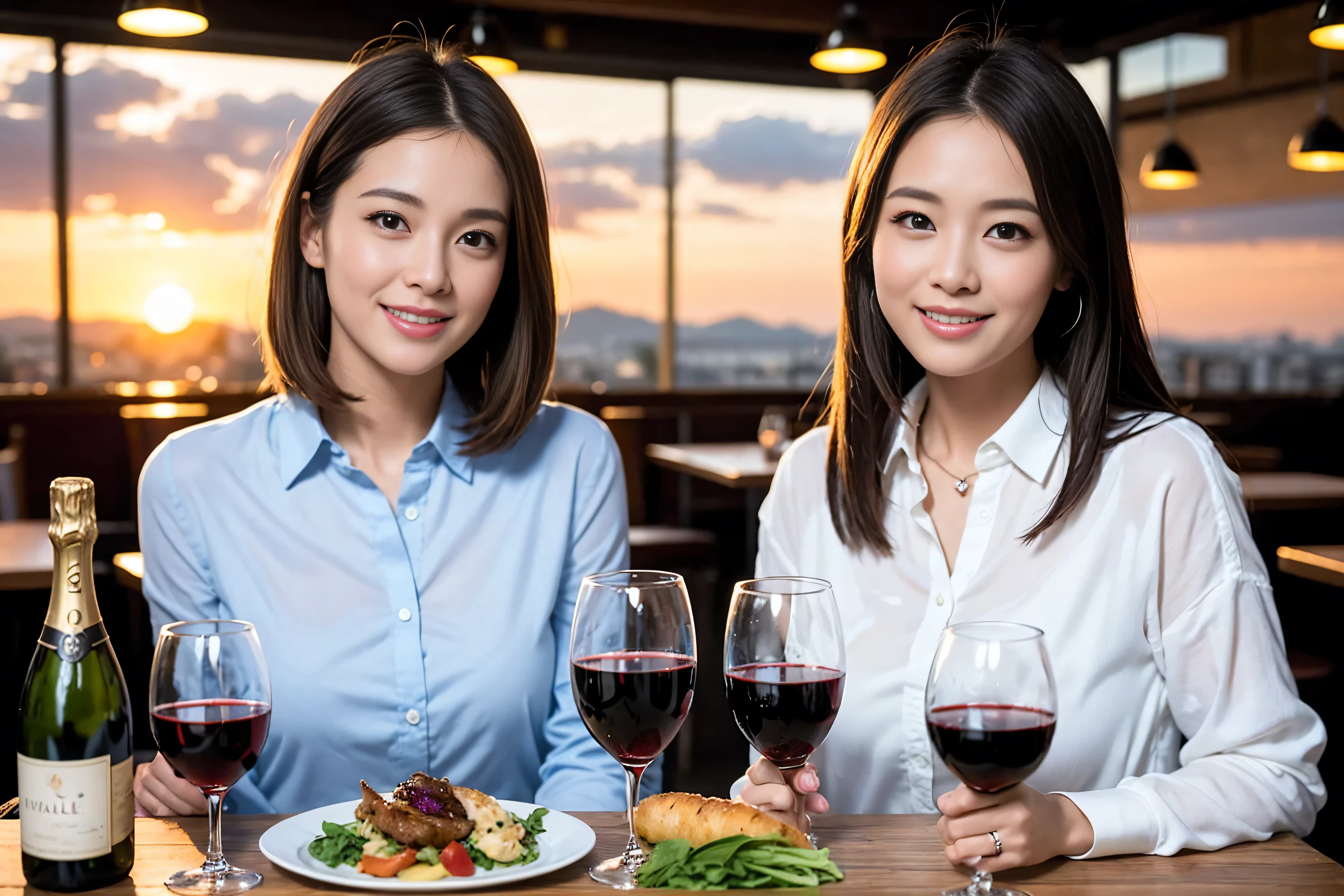 ((highest quality、8k、masterpiece:1.3))、1 male 1 female、Lovers、beautiful couple、Japanese couple、Happy Smile、Dinner Course、Appetizers、Italian food、 (Slim face), (The body is スリム), (Brown Hair), (Shortcuts), ((Bob Hale、Straight hair:1.2)), Wine glass on the table、Please put light on my face、 Amazing view of the sunset sky and clouds、Amazing mountain views、The wonderfulness of smiles、Bright image、Blushing, Shortcuts,Bright Face、 (36 years old), 39 years old, red wine 、Wine bottle、Champagne、sparkling wine、Long sleeve shirt、dress、Attractive beauty、restaurant, Nova Frog Style, actress, model, Upper Body, White wine, red wine, wine glass,
