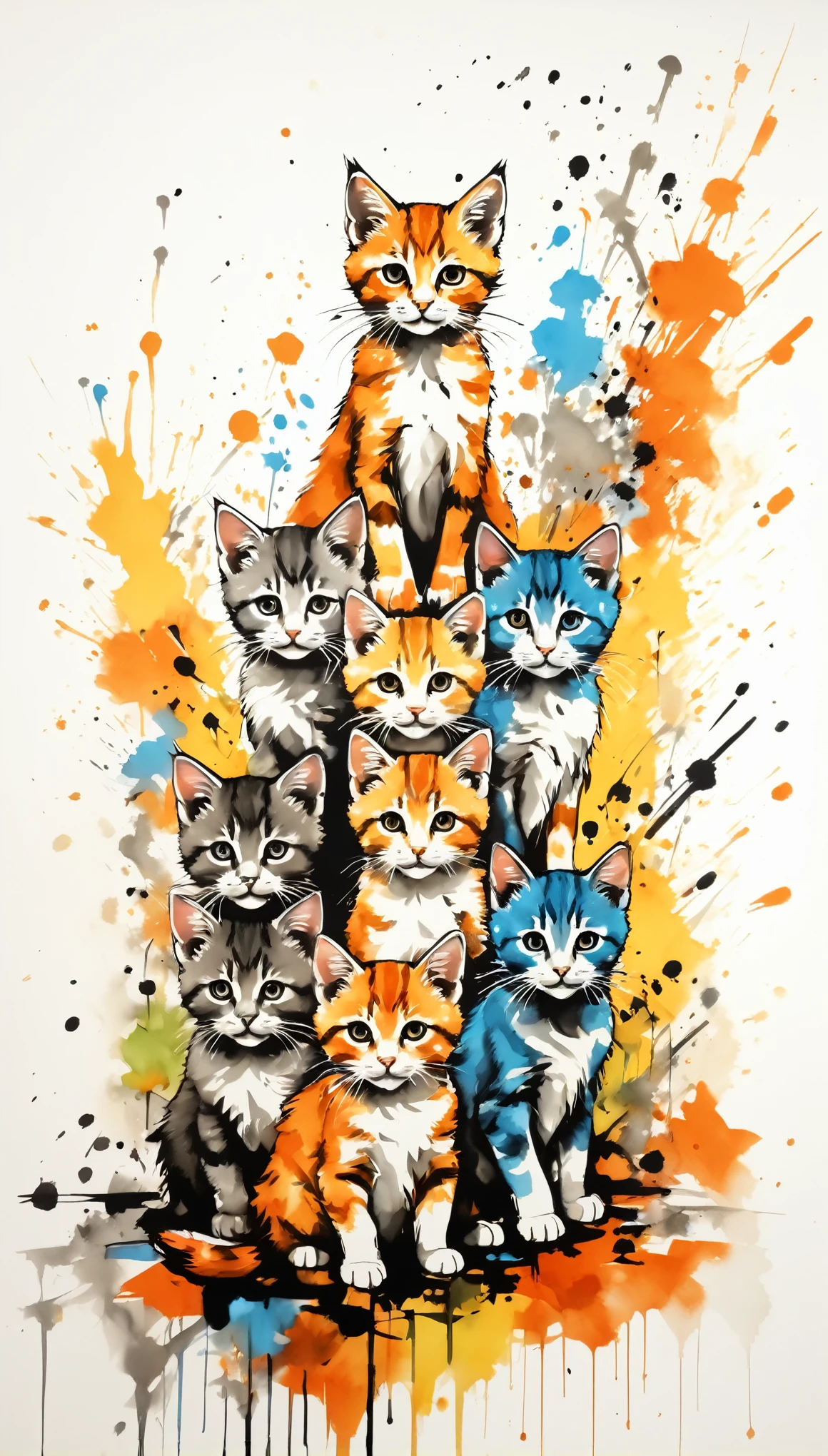 Vector Art, Colorful illustration with lots of kittens, In the center, Vibrant colors,Graffiti Art,ink splatter,Wild and unrestrained,rich and colorful,visual impact,Modern aesthetic super detailed,