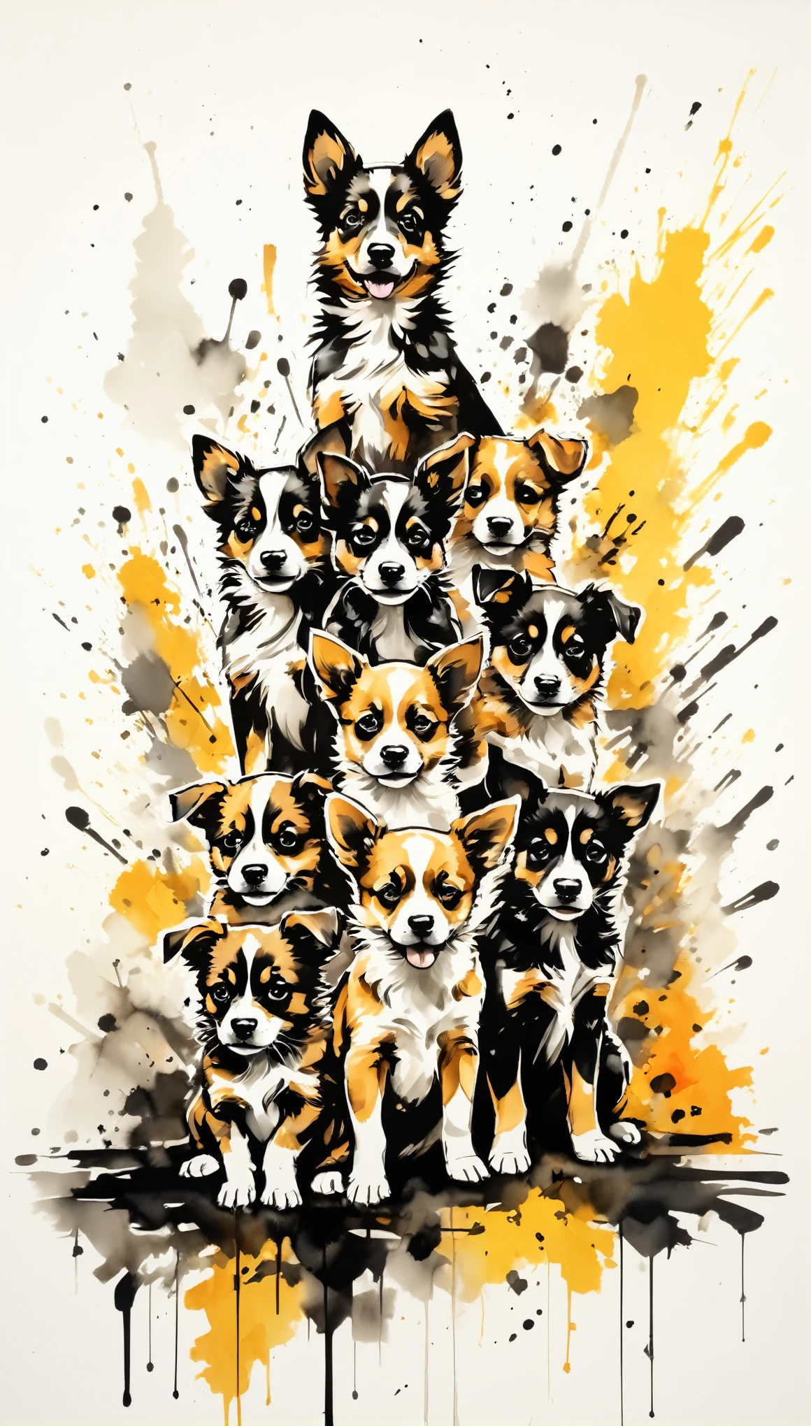 Vector Art, Colorful illustration with lots of puppies, In the center, Vibrant colors，Graffiti Art，ink splatter，Wild and unrestrained，rich and colorful，visual impact,Modern aesthetic super detailed,
