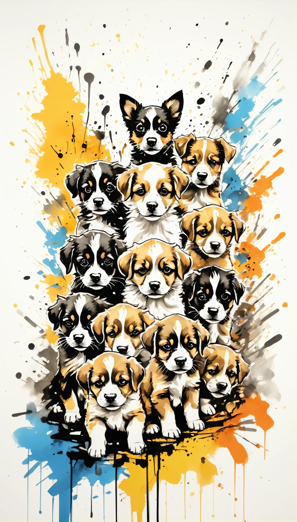 Vector Art, Colorful illustration with lots of puppies, In the center, Vibrant colors，Graffiti Art，ink splatter，Wild and unrestrained，rich and colorful，visual impact,Modern aesthetic super detailed,
