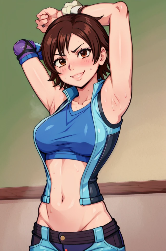 asuka kazama,1girl,solo,black pants,blue shirt,sleeveless,medium breasts,heavy blush,(brown eyes:1.2),((arms up)), sweat, sweaty, no bra, nipple hard, smile