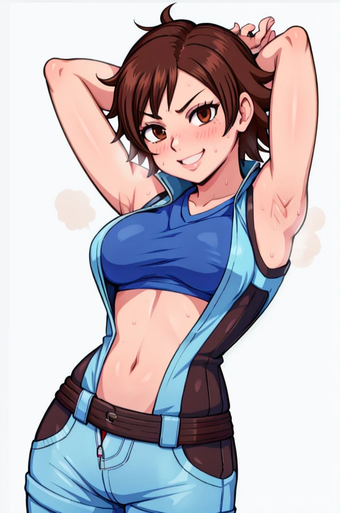 asuka kazama,1girl,solo,black pants,blue shirt,sleeveless,medium breasts,heavy blush,(brown eyes:1.2),((arms up)), sweat, sweaty, no bra, nipple hard, smile