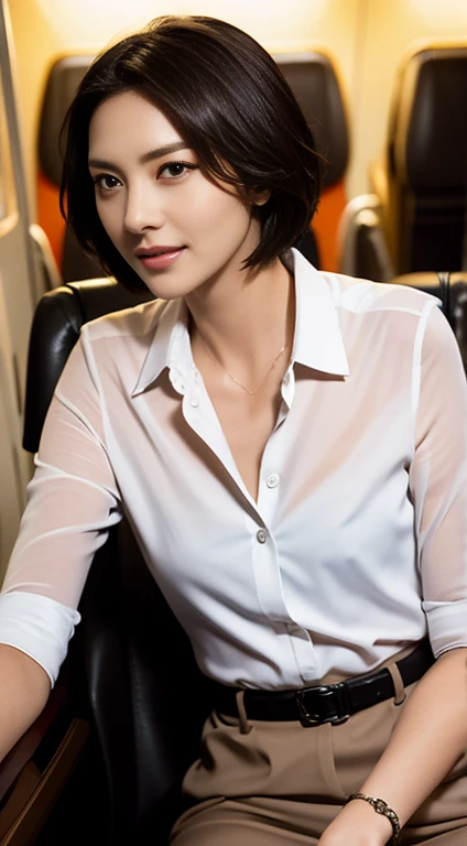 masterpiece, highest quality, born々New Photorealism, smile, Beautiful mature woman, sexy lady short hair, Big Breasts, Depth of written boundary, High resolution, Super detailed, Highly detailed eyes and face, Sharp pupils Sharp focus, Cinema Lighting,uniform, like Delta airline uniform, flight attendant uniform, Sexy Looks, sexy uniform, sexy flight attendant uniform, head, Detailed Background, Cabin seats, Sit in the jump seat, Looking out the window, Inside the cabin of the Bowling 787-9,