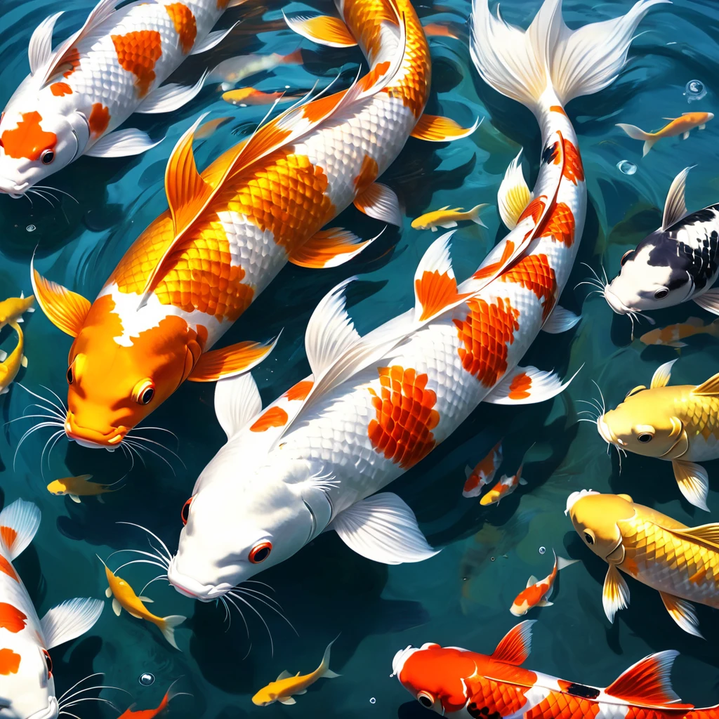 Fishtail cat in the sea,Big koi,Lots of koi,Koi fish of different colors and styles、Four white koi,Polka dot five color koi、Orange Gold Koi、Red and white koi、Minghai light yellow koi