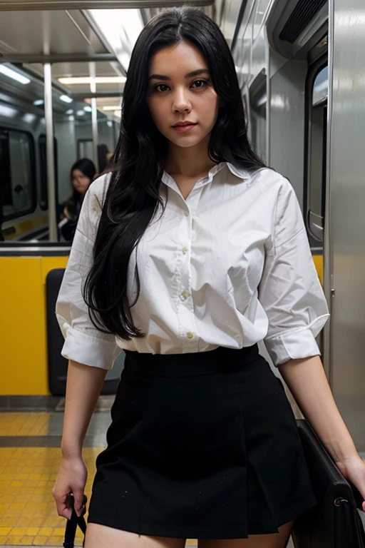 woman with long black hair, a little fat, white skin, wearing white shirt, wearing black skirt, background inside a train