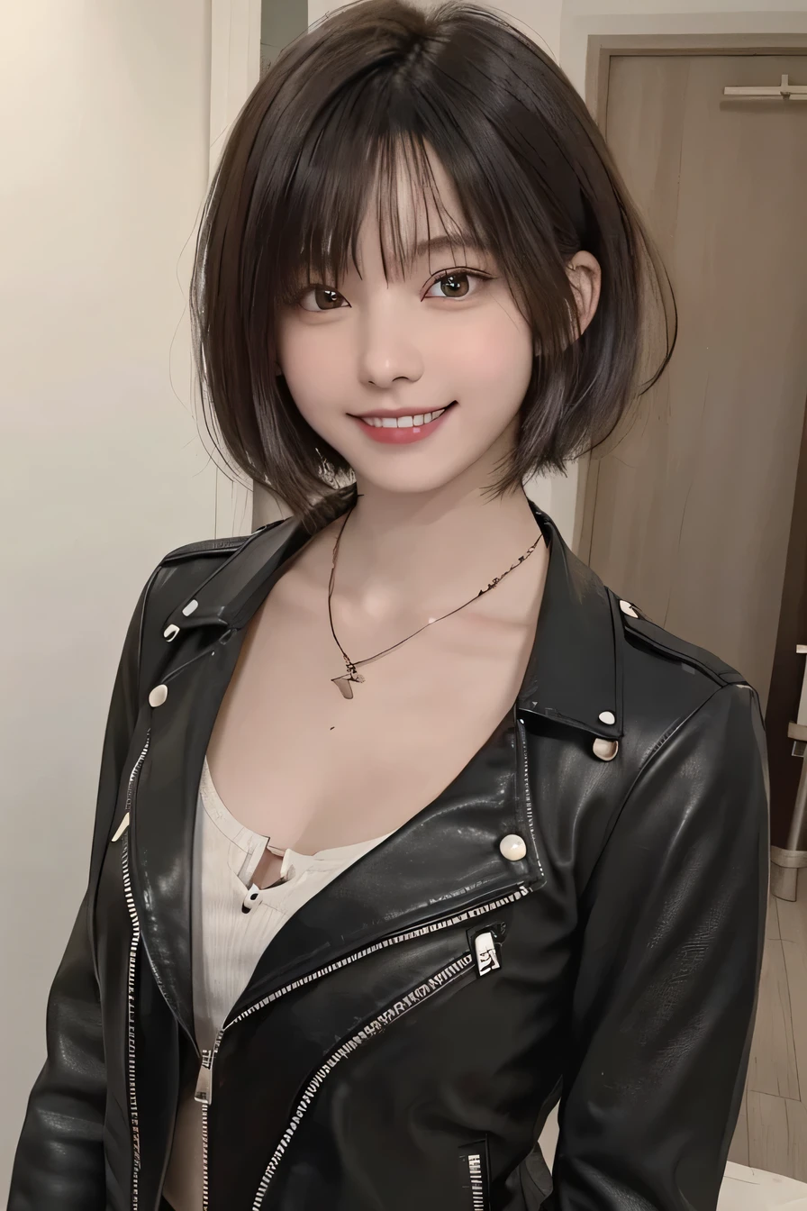 205 ((short hair)), 20-year-old female, Surrealism, Flower Smile、Gums are visible、Beautiful teeth alignment、Black Hair、ear piercing、Necklace around the neck、leather jacket、shirt、Smiling with teeth showing、The background is in the room、