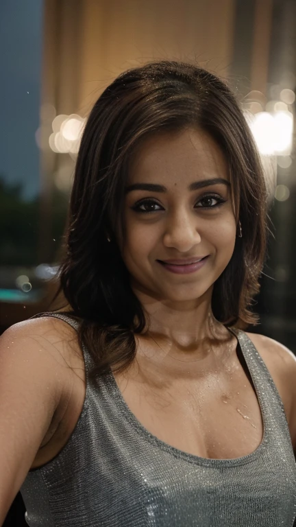 No make up closeup selfie bustshot of trisha,trisha krishnan, trks woman, hourglass figure, smile,  seductive look, nighttime,small tank top, sharp focus, octane, HD, 4K, high resolution selfie, bedroom, 28 year old ((long face)), ( big cheeks), (( beautiful eyes)), shaggy messy hair