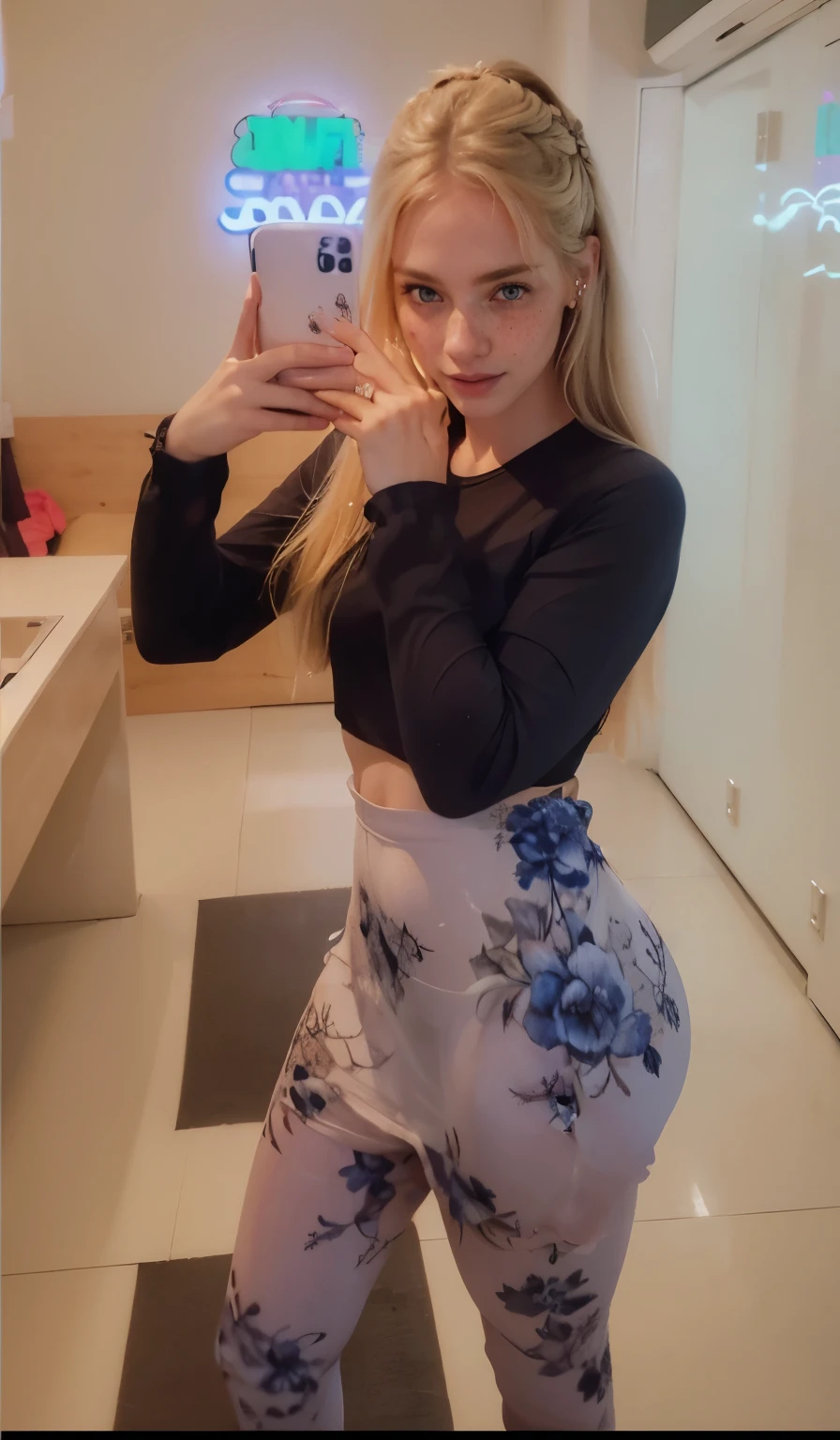 uma mulher, americana, 25 anos, pale skin and freckles, olhos cinzas, nariz delicado, soft and delicate lips, longo, cabelo blondie longo e ondulado na altura da cintura, sorriso meigo, face with delicate feminine facial features, altamente renderizado